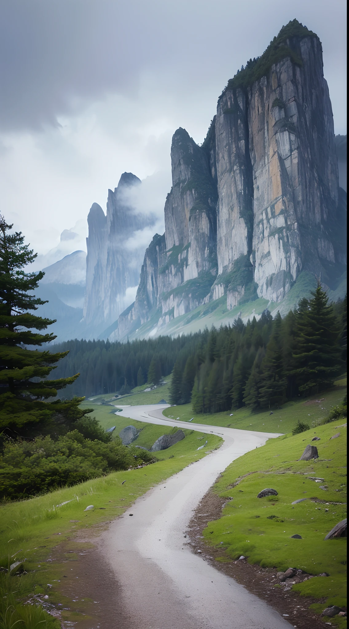 (best quality,4k,8k,highres,masterpiece:1.2),ultra-detailed,(realistic,photorealistic,photo-realistic:1.37),Alps on a rainy day,rainy mountain scenery,overcast sky,foamy clouds,misty atmosphere,wet rocks,green vegetation,flowing streams,cascading waterfalls,dense fog,ethereal ambiance,mysterious shadows,soft natural lighting,colorful umbrellas,hiking path leading into the distance,isolated cabin in the woods,natural tranquility,serene and calm mood,faint sound of raindrops,cool and refreshing air,reflective puddles on the ground,dramatic and moody composition,peaceful and secluded environment,hint of melancholy,subtle splashes of color in the landscape,fresh and vibrant colors,foggy peaks in the background,deep sense of depth and perspective.