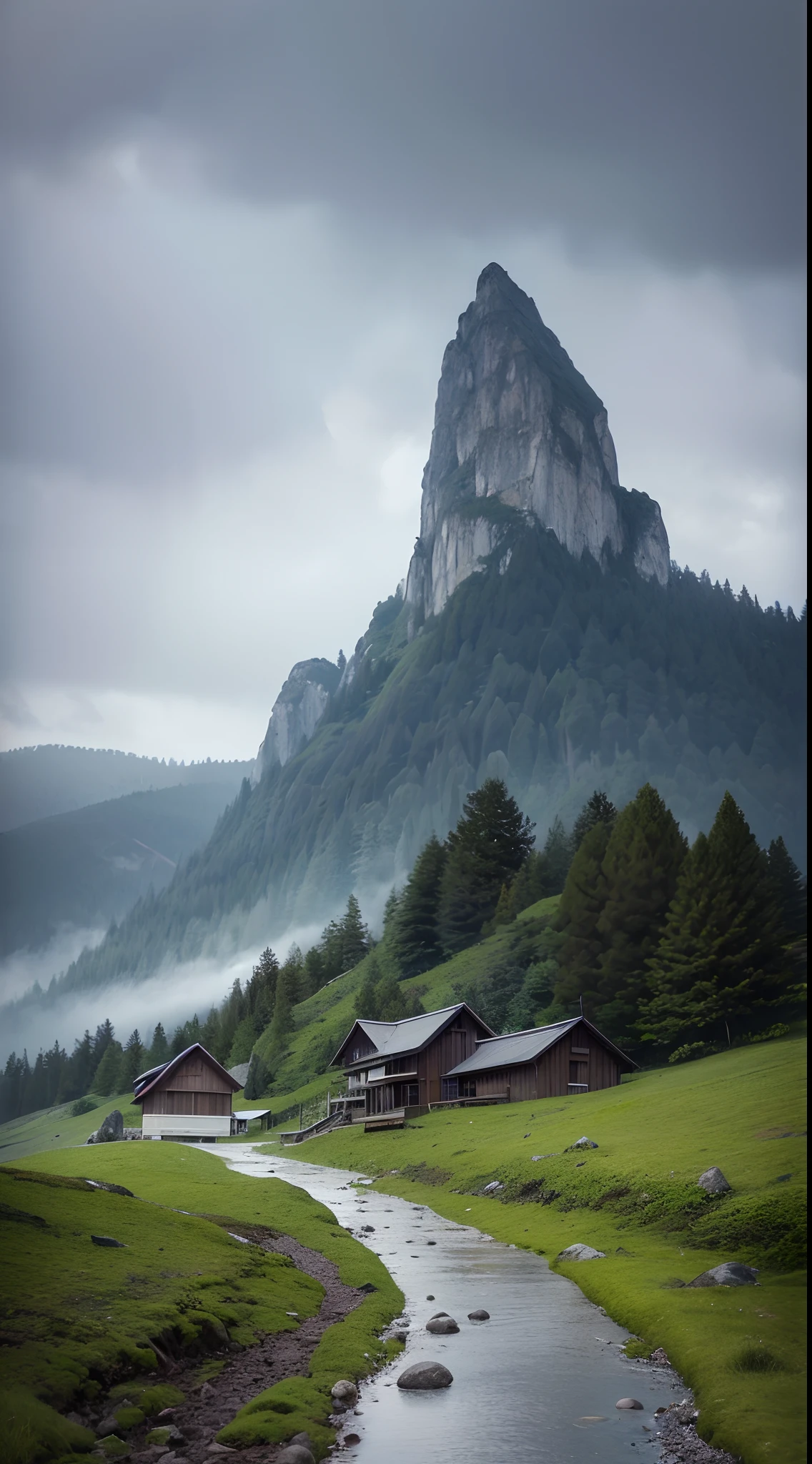 (best quality,4k,8k,highres,masterpiece:1.2),ultra-detailed,(realistic,photorealistic,photo-realistic:1.37),Alps on a rainy day,rainy mountain scenery,overcast sky,foamy clouds,misty atmosphere,wet rocks,green vegetation,flowing streams,cascading waterfalls,dense fog,ethereal ambiance,mysterious shadows,soft natural lighting,colorful umbrellas,hiking path leading into the distance,isolated cabin in the woods,natural tranquility,serene and calm mood,faint sound of raindrops,cool and refreshing air,reflective puddles on the ground,dramatic and moody composition,peaceful and secluded environment,hint of melancholy,subtle splashes of color in the landscape,fresh and vibrant colors,foggy peaks in the background,deep sense of depth and perspective.