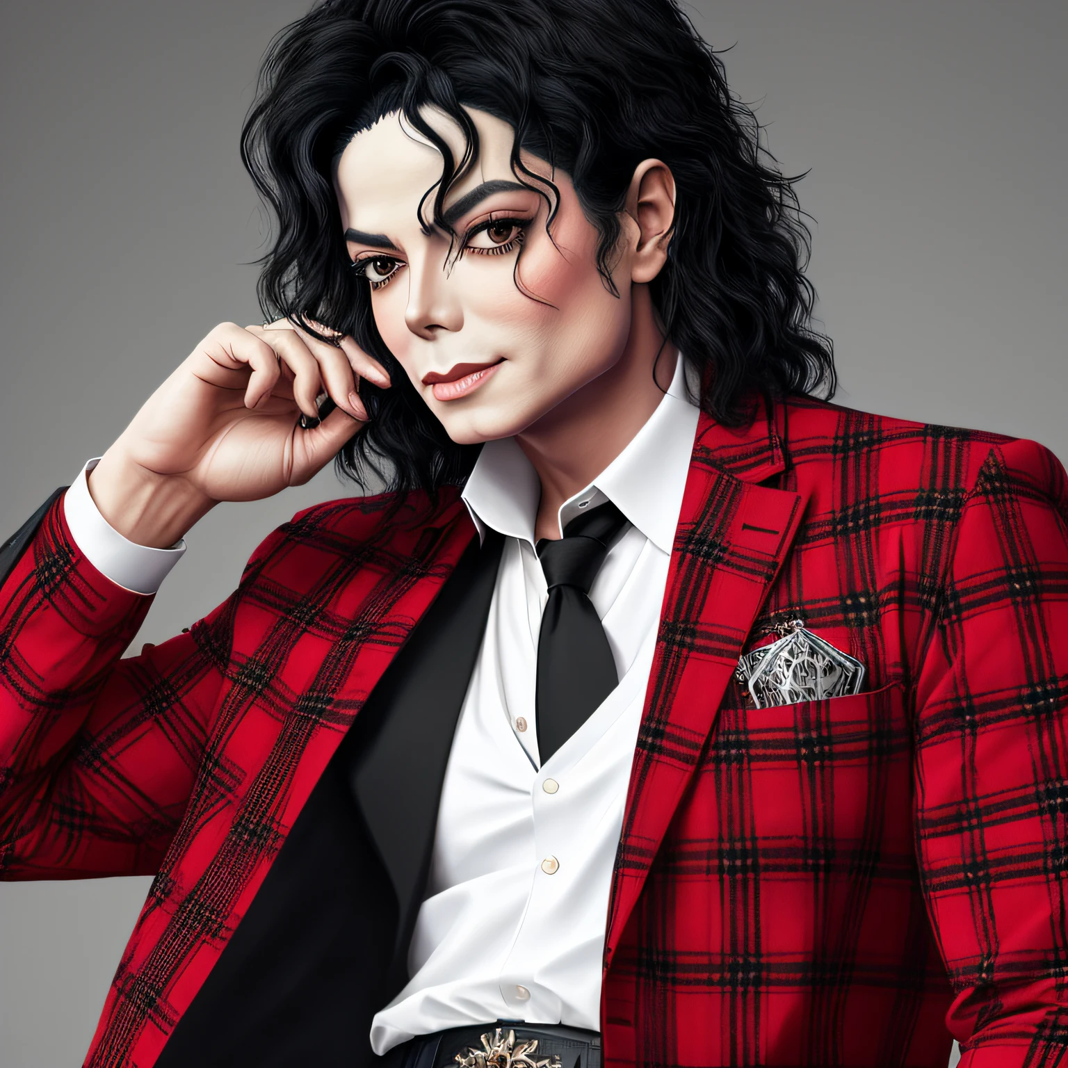 Michael Jackson, in a red and black plaid outfit and a white shirt underneath, stylized image, realistic style, UHD quality