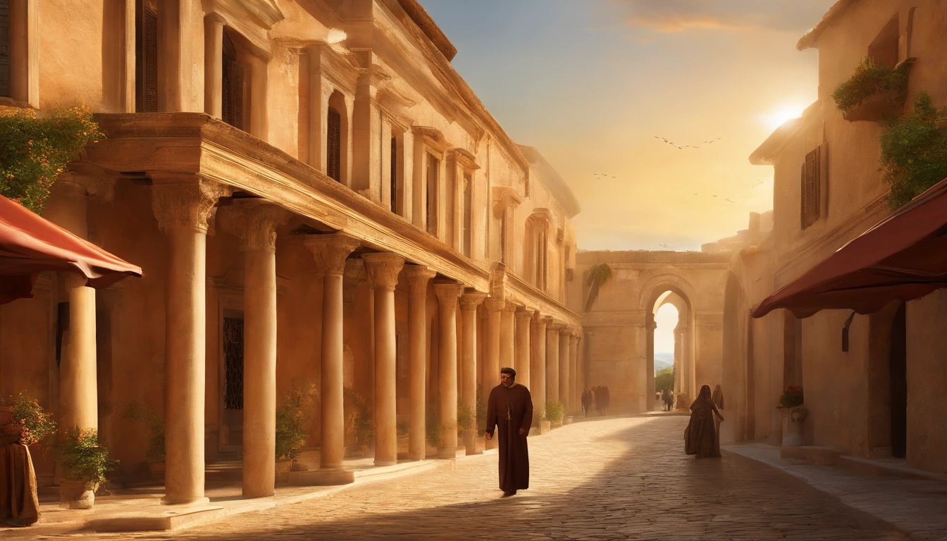 In the busy streets of the ancient city of Corinth, Fortunato stands as a beacon of hope, serving the community and spreading Christian love. His selfless acts of kindness and generosity resonate through the bustling crowds. With his warm smile and compassionate eyes, he brings solace to those in need.

The scene unfolds with vivid colors and sharp focus, showcasing the best quality of the masterpiece. The ultra-detailed portrayal of Fortunato captures every fine line and contour of his face, emphasizing his strong character. The realistic rendering adds a touch of authenticity to the image, immersing the viewer in the vibrant atmosphere of the city.

Fortunato's clothing, a blend of modesty and elegance, reflects his commitment to his faith. The sunlight gracefully illuminates his figure, casting a gentle glow upon him. The scene is bathed in warm hues, symbolizing the love and compassion that Fortunato shares with the community.

In the background, we glimpse the ancient architecture of Corinth, a testament to the rich history of the city. The busy streets come alive with people from all walks of life, illustrating the diverse community that Fortunato serves. The hustle and bustle of the city create an ambiance of energy and movement.

As the viewer gazes upon this scene, they are reminded of the power of love and selflessness. Fortunato's presence in Corinth is a testament to the enduring impact of compassion and the remarkable ability to make a difference in the lives of others.

[Christian love, community service, ancient city, Corinth, selflessness, warm smile, compassionate eyes, best quality, ultra-detailed, realistic, vibrant atmosphere, modesty, elegance, sunlight, warm hues, ancient architecture, busy streets, diverse community, love, solace]