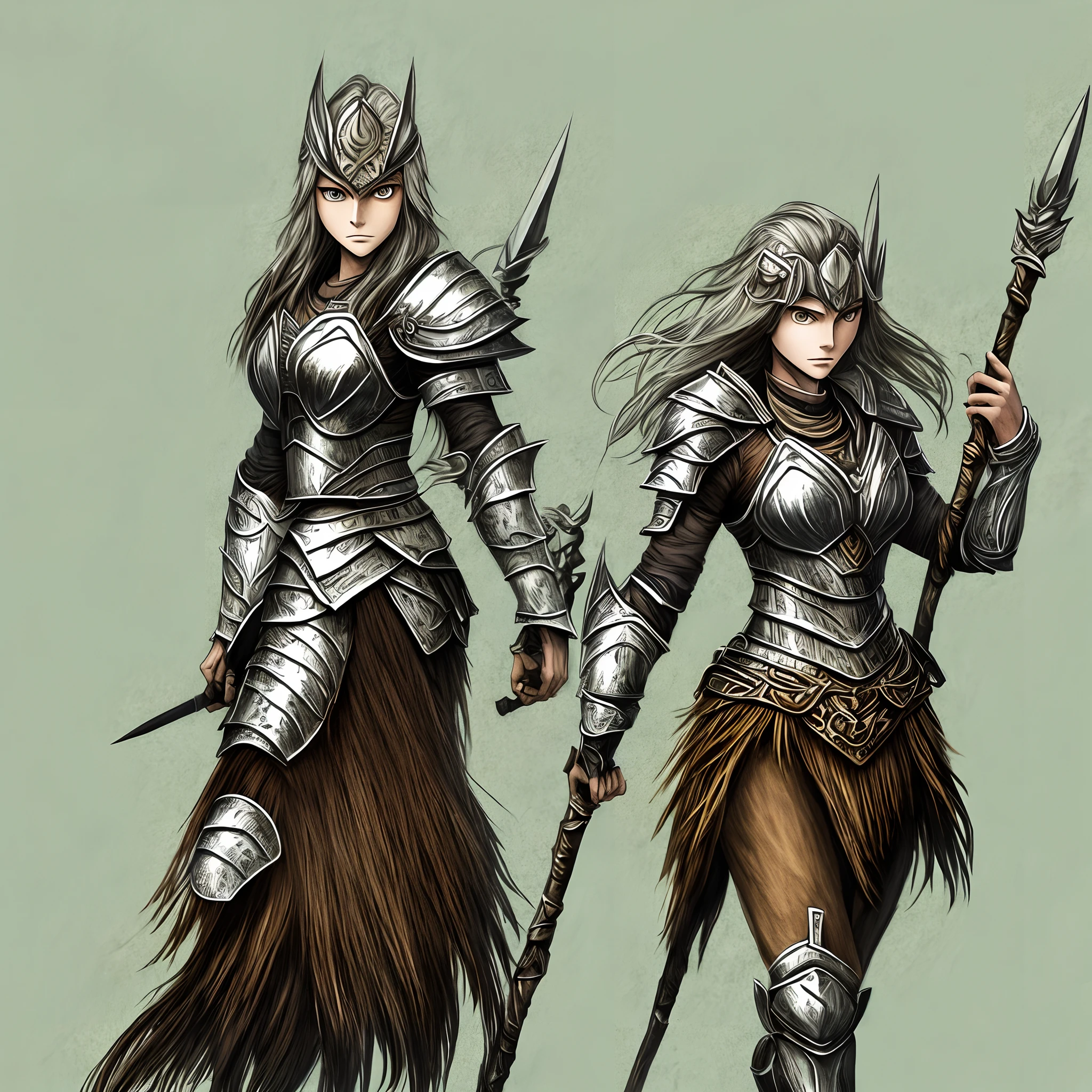 Desenho de anime. Warrior woman character with silver armor and spear. Cabelos longos marrom.