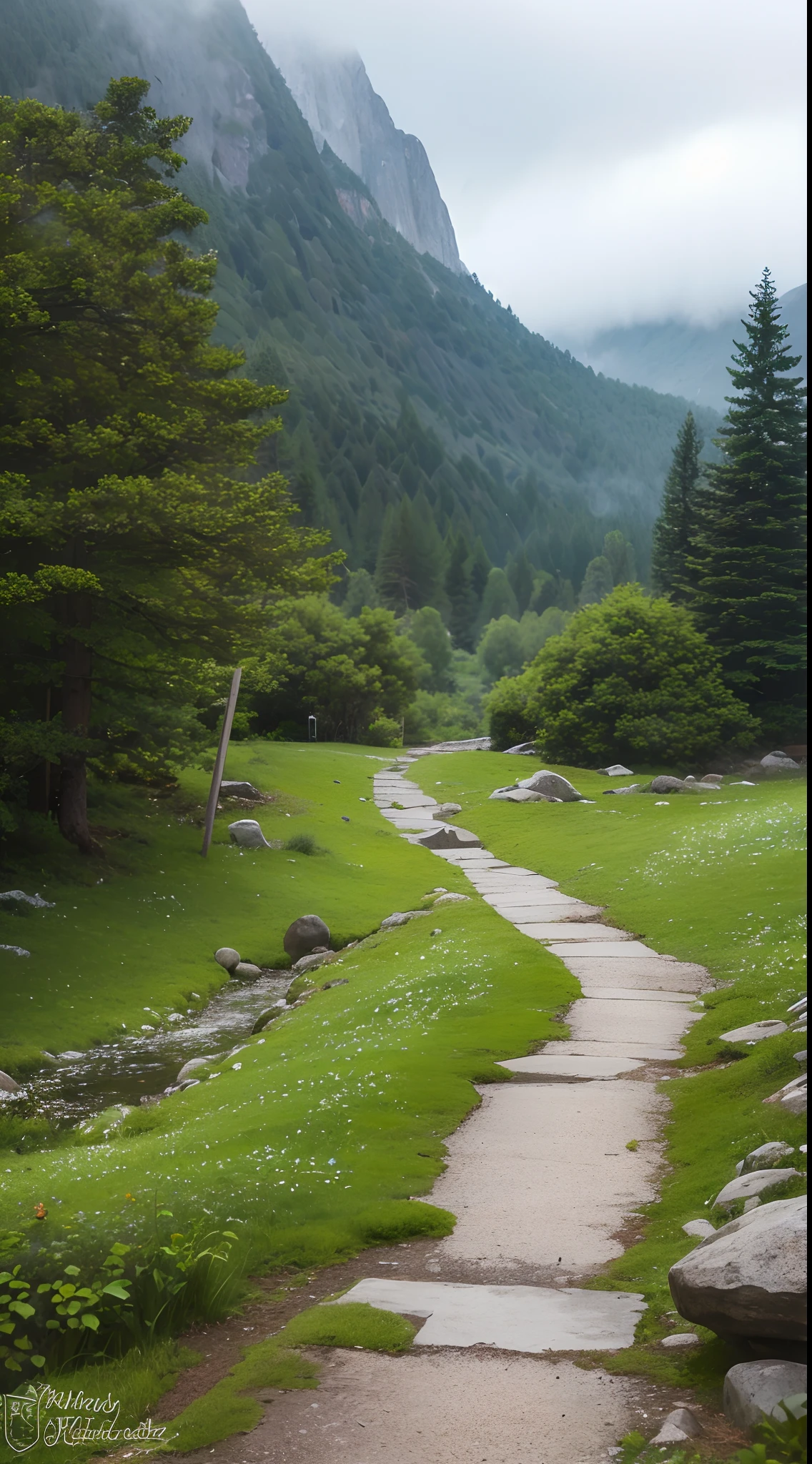 (best quality,4k,8k,highres,masterpiece:1.2),ultra-detailed,(realistic,photorealistic,photo-realistic:1.37),Alps on a rainy day,rainy mountain scenery,overcast sky,foamy clouds,misty atmosphere,wet rocks,green vegetation,flowing streams,cascading waterfalls,dense fog,ethereal ambiance,mysterious shadows,soft natural lighting,colorful umbrellas,hiking path leading into the distance,isolated cabin in the woods,natural tranquility,serene and calm mood,faint sound of raindrops,cool and refreshing air,reflective puddles on the ground,dramatic and moody composition,peaceful and secluded environment,hint of melancholy,subtle splashes of color in the landscape,fresh and vibrant colors,foggy peaks in the background,deep sense of depth and perspective.