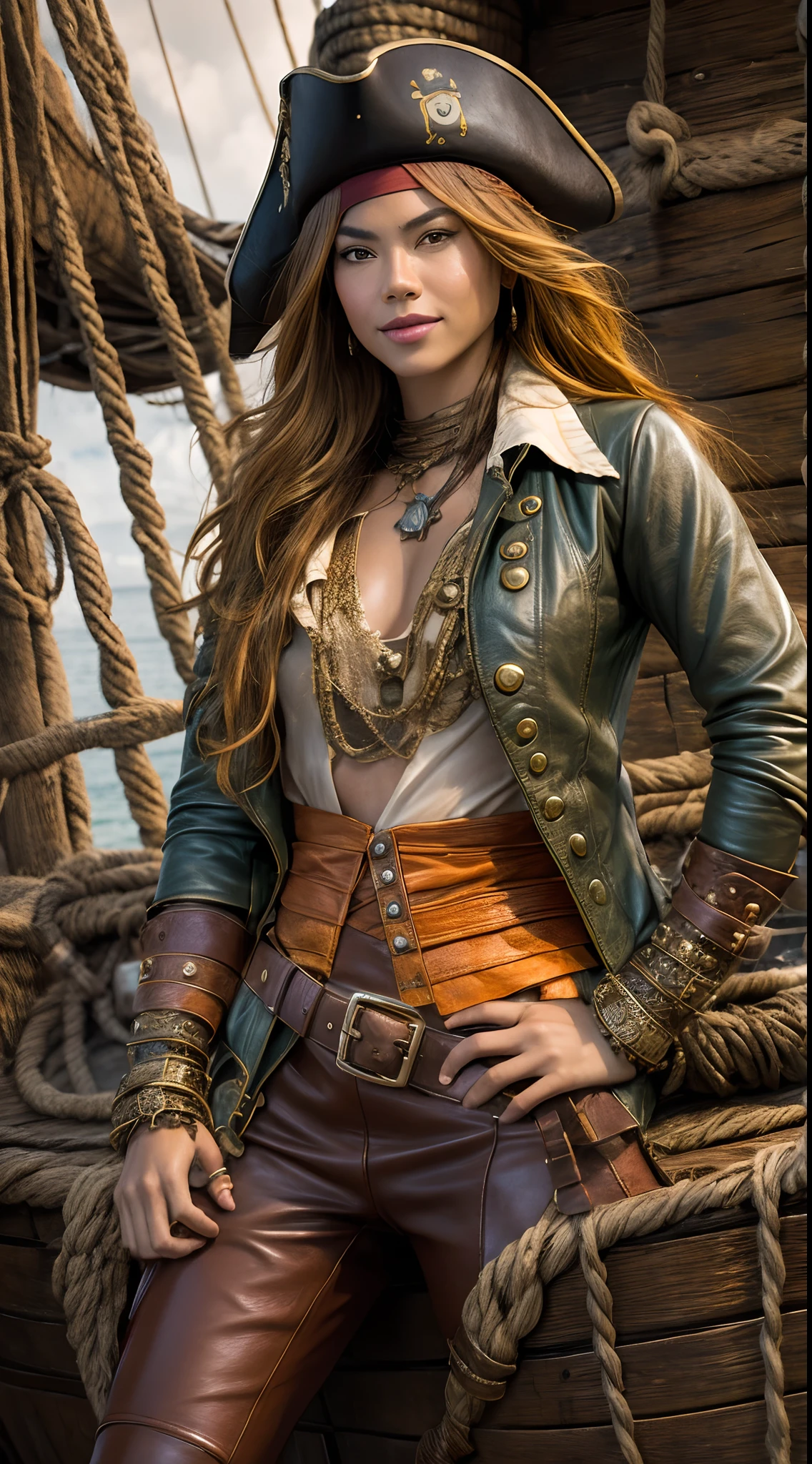 Capture the spirit of adventure as the Malay woman transforms into a pirate captain, wearing a weathered leather jacket, tricorn hat, and boots, posed on a pirate ship's deck.