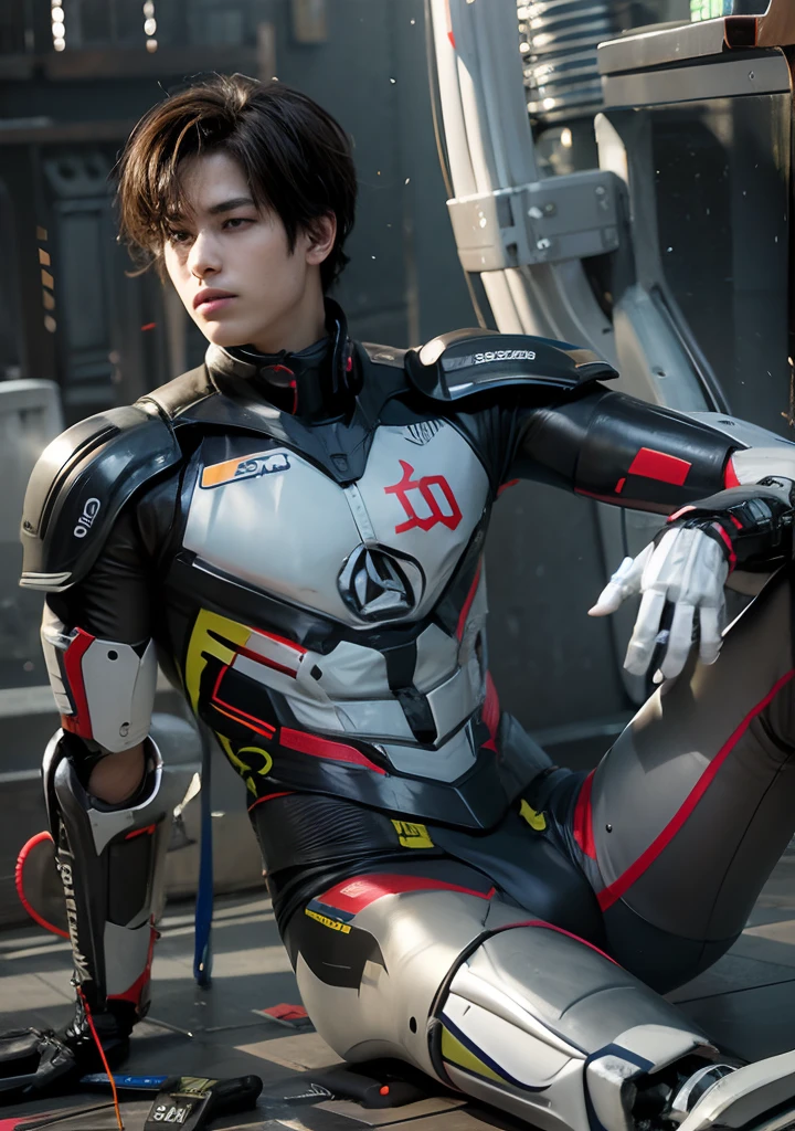 A boy sitting on the floor with the body of a broken robot hand