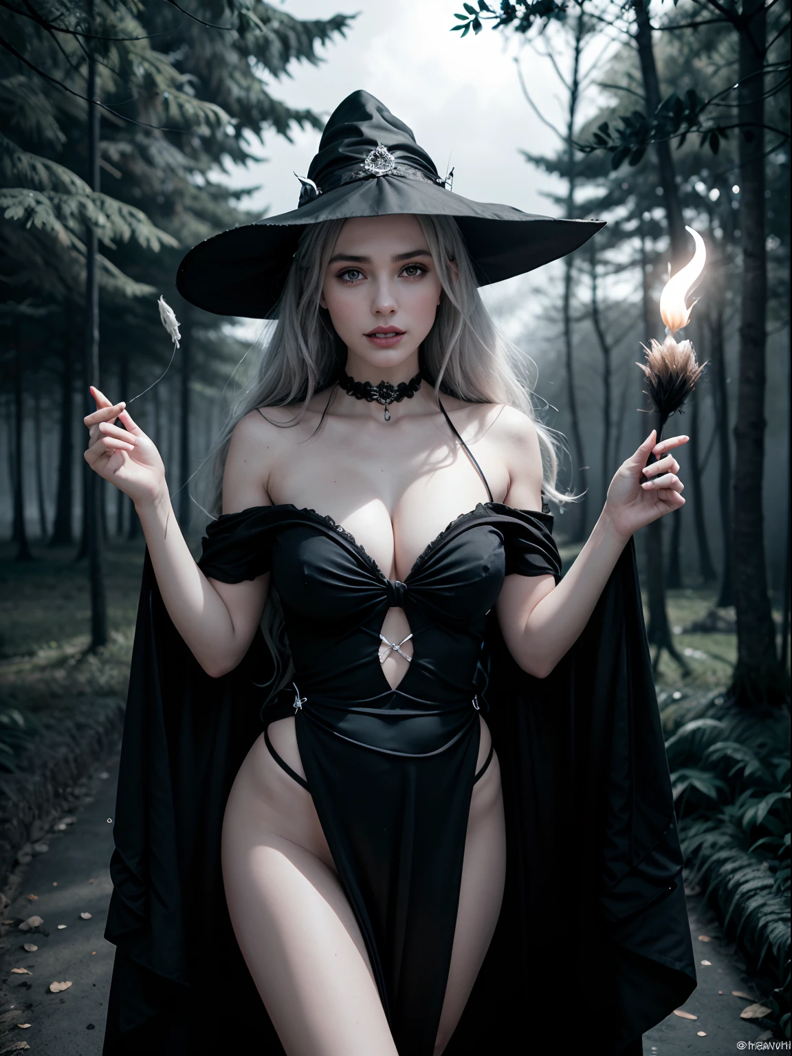 (A white-haired demonic woman,casting spells:1.1,brilhante:1.1)(illustration)(best quality,ultra-detalhado,Realistic:1.37),Demonic Witch(demoniaca:1.1)(Magic:1.1)(floresta)(Sombrio e misterioso,Atmosfera sinistra),Creating Magical Energy(Magic:1.1),cabelo branco vibrante(cabelo branco rodopiante)(flowing white hair),chifres(Chifres do diabo:1.1),olhos vermelhos penetrantes,Cetro Encantado(Magic Scepter),Manto escuro elaborado,glowing magic sigils,brasas ardentes rodopiando(Magic Embers:1.1)(brasas brilhantes),magical aura(aura brilhante),sombras sinistras,supernatural presence(Presence),Sorriso esquerdo,anoitecer ao fundo(Noite escura:1.1)(floresta iluminada pela lua),folhagem exuberante e densa(twisting trees)(Mystical Plants:1.1),Mystic Particles(Rotating particles)(floating particles),ethereal glow(Ethereal:1.1)(brilho suave),Faint moonlight breaking through the trees,assombroso e cativante(atmosfera assustadora),beleza encantadora,ampla gama de cores(vivid colors)(cores contrastantes),Mystical Kingdom,detalhes impressionantes,dynamic compositing,Trabalhos hipnotizantes,Estilo fotorrealista(estilo piCasso),Impressive shading and lighting,energia explosiva,magical ambiance(atmosfera de fantasia),dreamlike scene: witch hat, vestido longo cobrindo as pernas, Uma bruxa bonita e sexy tirando a roupa para seduzir o espectador que a assiste., She's wearing a black dress made of smoke, estilo surreal, e vai tirando aos poucos, Your eyes are bright blue like a vampire, She's in the dark, Lugar abandonado em um lugar abandonado, A mist spreads through the air making the scene more mysterious and frightening. Ela tem lindos seios grandes e pesados e uma cintura fina, seus longos cabelos brancos voam como em uma ventania leves como o ar, Their skin is very pale and soft. Malevolent Style