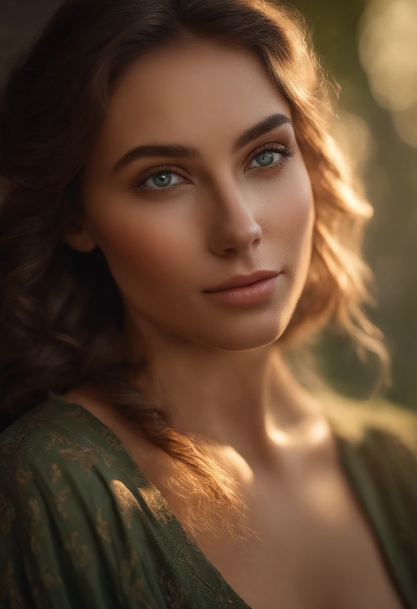 (photorealistic),detailed eyes,beautifully textured skin,natural light,expressive facial features,gazing intently,subtle smile,warm and inviting ambiance,casual attire,stunning background scenery,realistic colors,high resolution,professional portrait style
