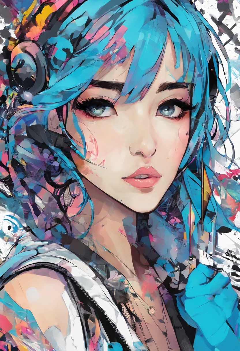 Beautiful  girl Yariza Aparicio, half length portrait, Short, unkempt bright blue hair, black eyeshadows, (Urban style clothing:1.2), (urban backdrop:1.2), dark make-up, number art, Trend at Artstation, highly  detailed, finedetail, 复杂, beautiful detailed brightness, A detailed, 电影灯光, A high resolution, Detailed facial features,foco nítido, lisses, Aesthetic,