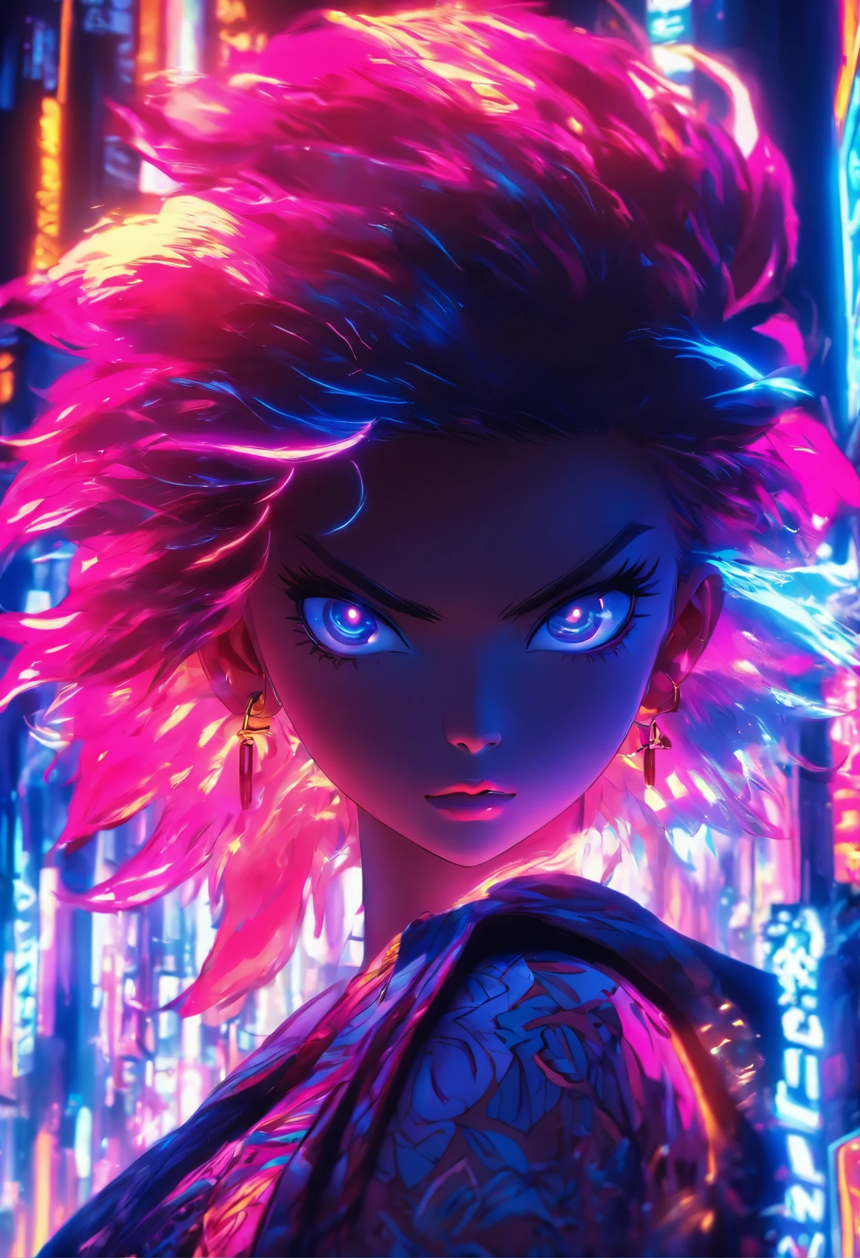 Menina de pele escura com cabelo subcortado, Ilustrado por sakimichan, hiper detalhado, neon lights, Cinematic lighting, trending on ArtStation.