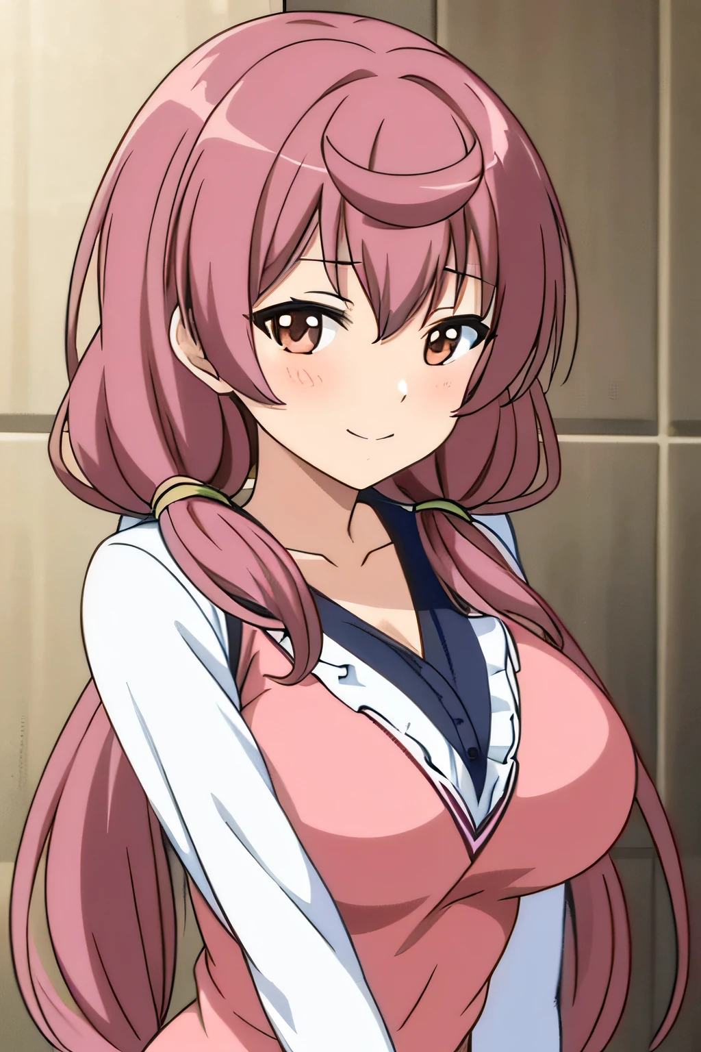 shinohara_katsumi, long hair, low twintails, brown eyes, pink hair, 1girl, solo, facing viewer, looking at viewer, upper body, smile.