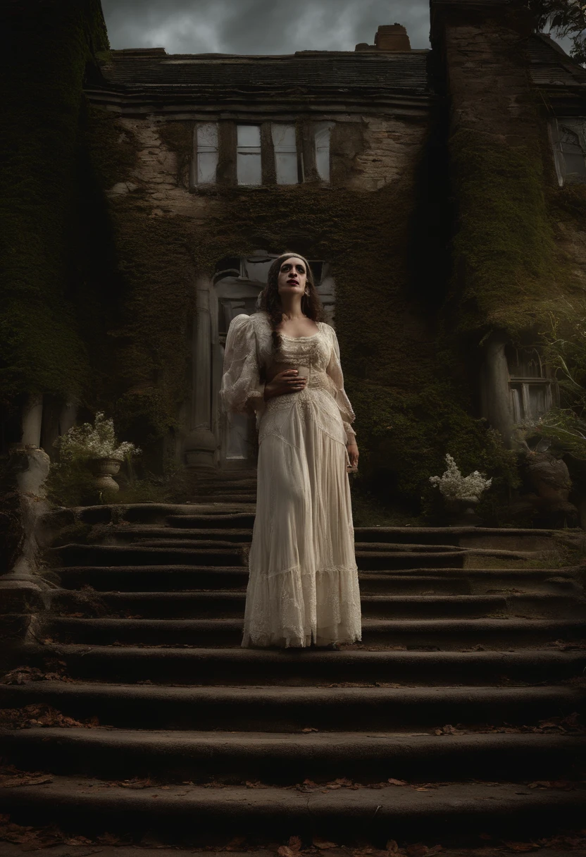 Evil undead Wraith  with black eyes, screaming with rotten fanged teeth, dressed in disheveled 1920s maidservant’s clothes. Walking up the worn stone steps to the crumbling front door of a  haunted Victorian mansion. A pool of dripping blood. Creepy, somber atmosphere.