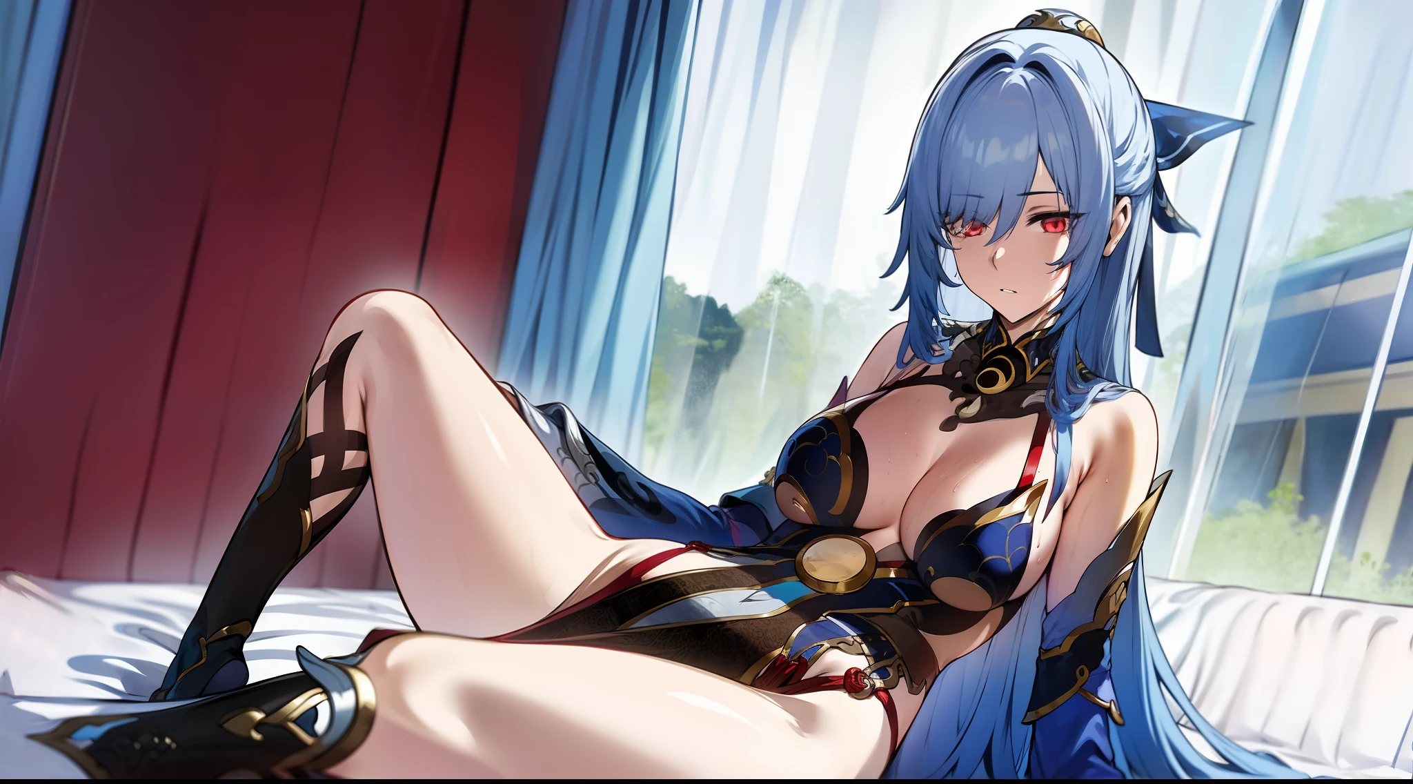 HD, beautiful lights, Beautiful Shadows, top-quality, Highly detailed, masterpiece, best quality, solo, 1girl, JingliuV5, long hair, red eyes, breasts, looking at viewer, anime-styled, expressionless, full body, sitting, on bed, hews