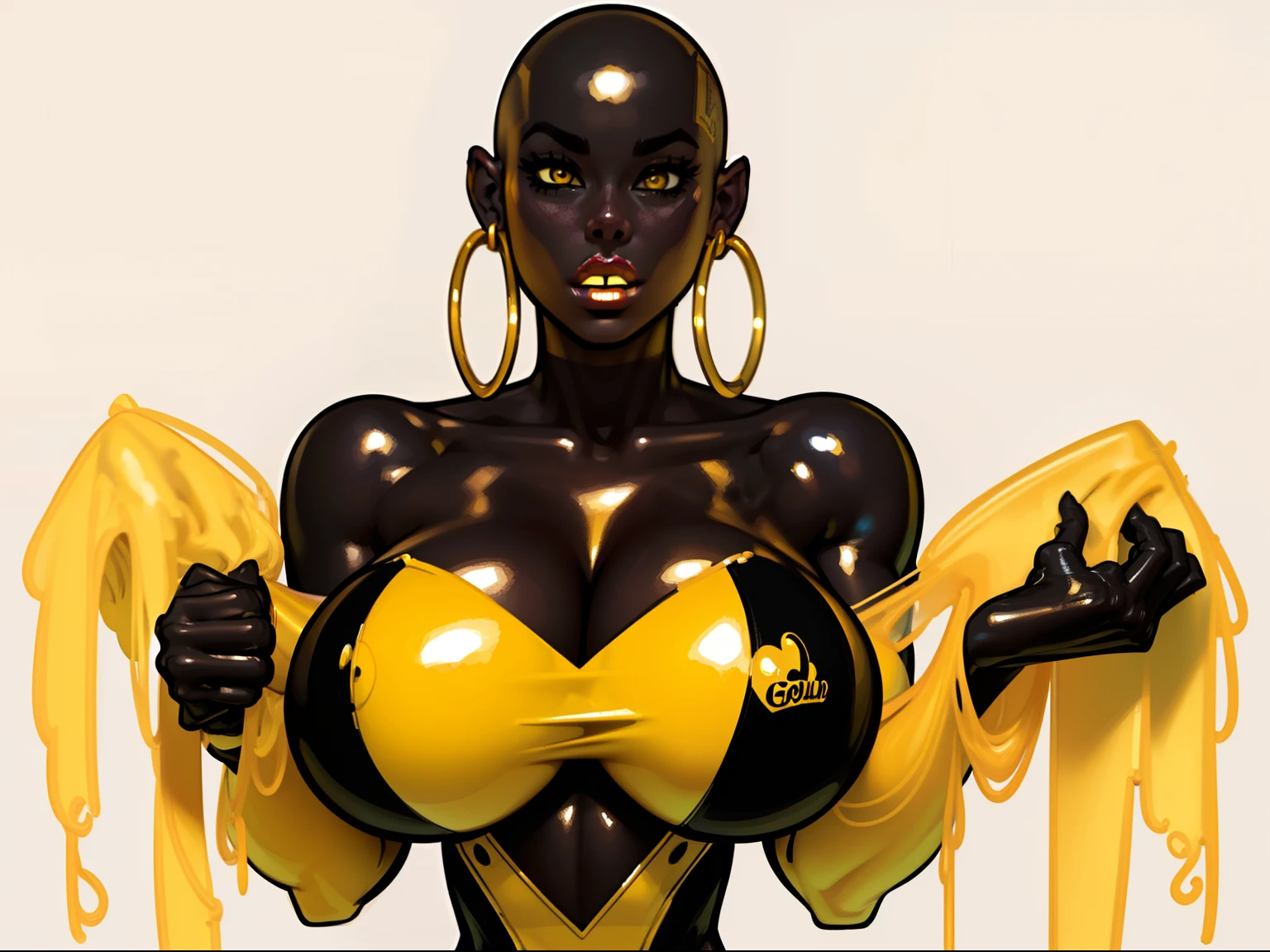 ((masterpiece)),(((best quality))),((character sheet)), ((full body view)) ((black woman)) ((skinhead:1.4)) ((confident pose)) mature face, defined cheekbones, high cheekbones, illustration, girl, muscular, ((bald:1.4)), sexy bimbo, (gigantic breasts:1.7), ((detailed face:1.4)) beautiful woman, (yellow leotard:1.4), (gold hoop earrings:1.6), (thighhighs:1.4) (yellow lips:1.6) , shiny skin, scribbles and marks,(puffy lips:1.5) , rough sketches, 8k,16k, (simple background, white background: 1.3), black color palette, (black skin:1.5)