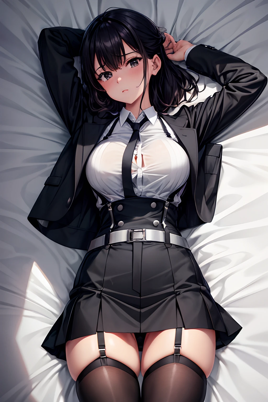 Suit,Collared shirt,Belt bag,Suspenders Black Miniskirt　garterbelts　knee high　Stockings　Black Niso　Colorcon armpit sweat　perspiring　Side of both hands,Black jacket,Gaze,ample bosom,Armpit sweat,Exposing the armpits"Tight clothes、Raise your hands、wristbands　Lying in bed　　　Behind the back