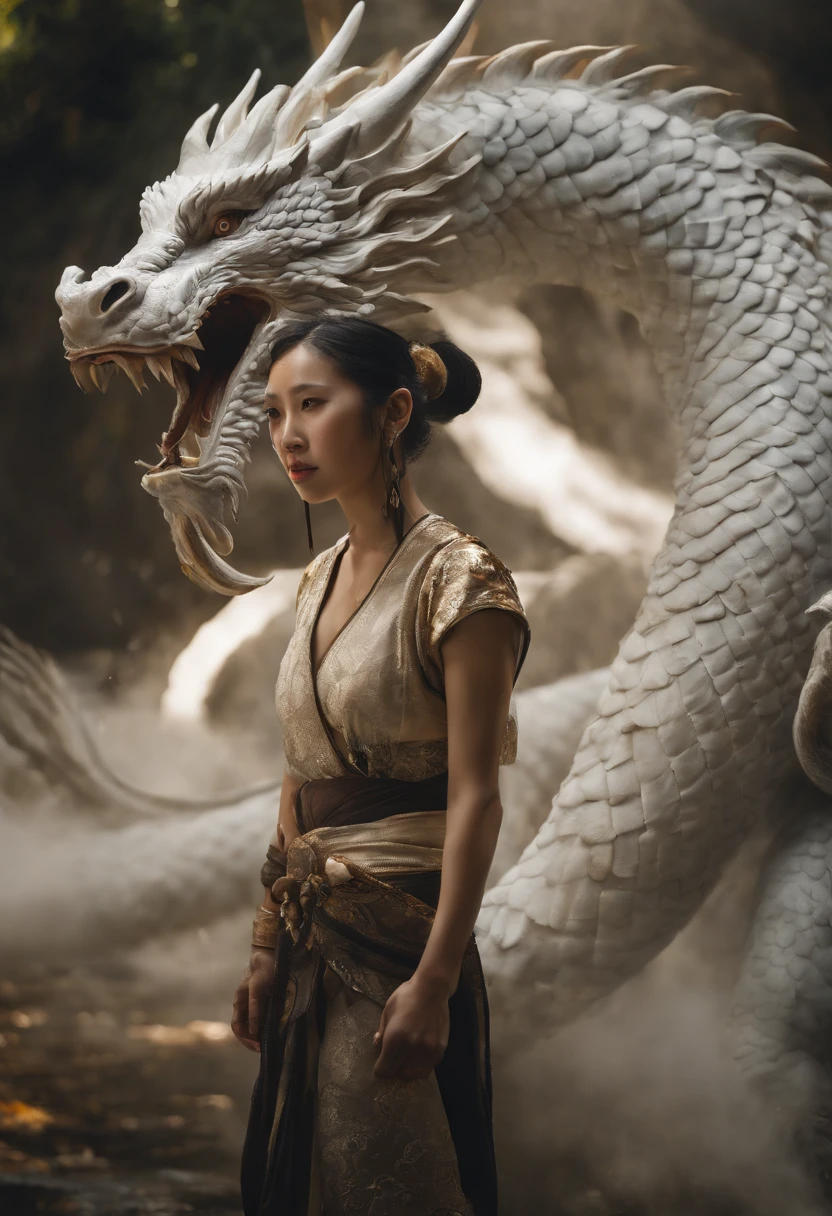 Asian-style white dragon flying around a mysterious waterfall、The white dragon's body is long and undulating like a large snake, and a jewel is held in his right hand.、He roars with magnificent horns and a beard on his head.、Cat-eared girl who challenges the white dragon、[Object Object], (detailed facial features:1.3), (Raw photo, 16 K, masutepiece, Best Quality: 1.2), (ultra-realism, Ultra-dense and complex realism: 1.3), (Wide depth of field, Radiation Mapping, Ray tracing, god rays: 1.2), High dynamic range, Vivid, Rich details, Clear shadows and highlights, Realistic, Formidable, Increased contrast, Cat-eared girl in Japanese clothes fighting a white dragon in a mysterious waterfall、