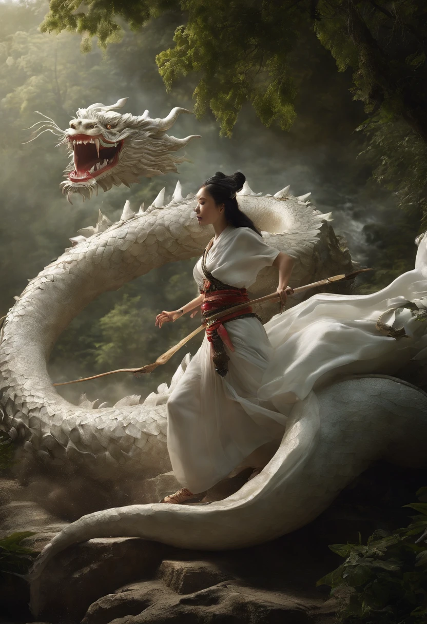 Asian-style white dragon flying around a mysterious waterfall、The white dragon's body is long and undulating like a large snake, and a jewel is held in his right hand.、He roars with magnificent horns and a beard on his head.、Cat-eared girl who challenges the white dragon、[Object Object], (detailed facial features:1.3), (Raw photo, 16 K, masutepiece, Best Quality: 1.2), (ultra-realism, Ultra-dense and complex realism: 1.3), (Wide depth of field, Radiation Mapping, Ray tracing, god rays: 1.2), High dynamic range, Vivid, Rich details, Clear shadows and highlights, Realistic, Formidable, Increased contrast, Cat-eared girl in Japanese clothes fighting a white dragon in a mysterious waterfall、