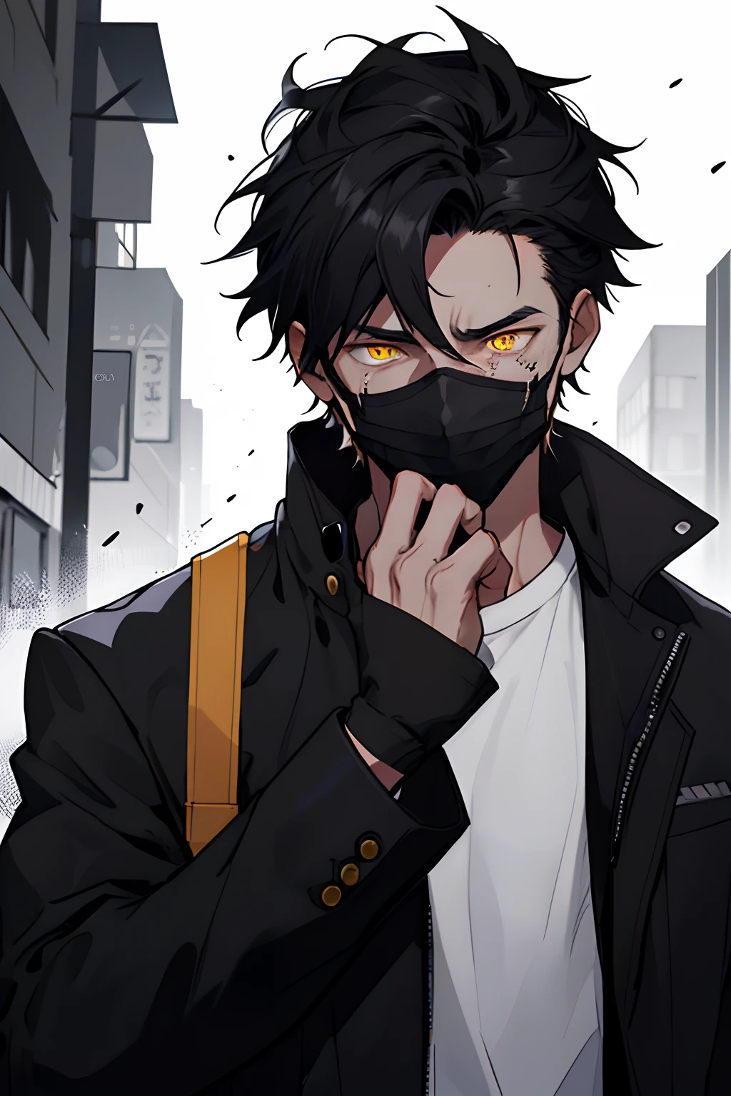 Draw a young man with a black jacket and white shirt , black ClothMask , black pushed back hair , yellow eyes , destroyed city background , crying , scared , ( have a black mask in his mouth ) , shedding tears,