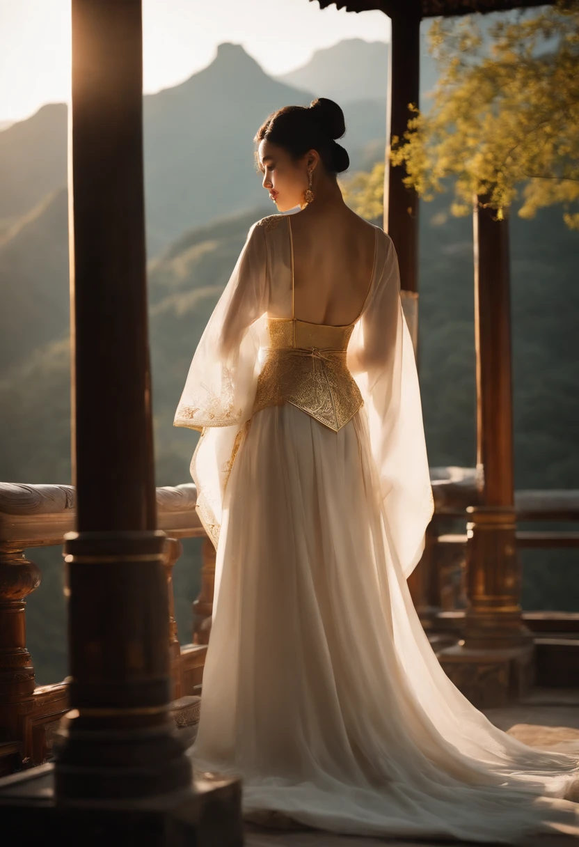 Beauty, sexy, bare breast, cleavage, bare legs, see-through, standing, hanfu, wet, clear, realistic, highest detail, sacred, holy, golden mountains, countless palaces in the distance, perfect hip waist ratio