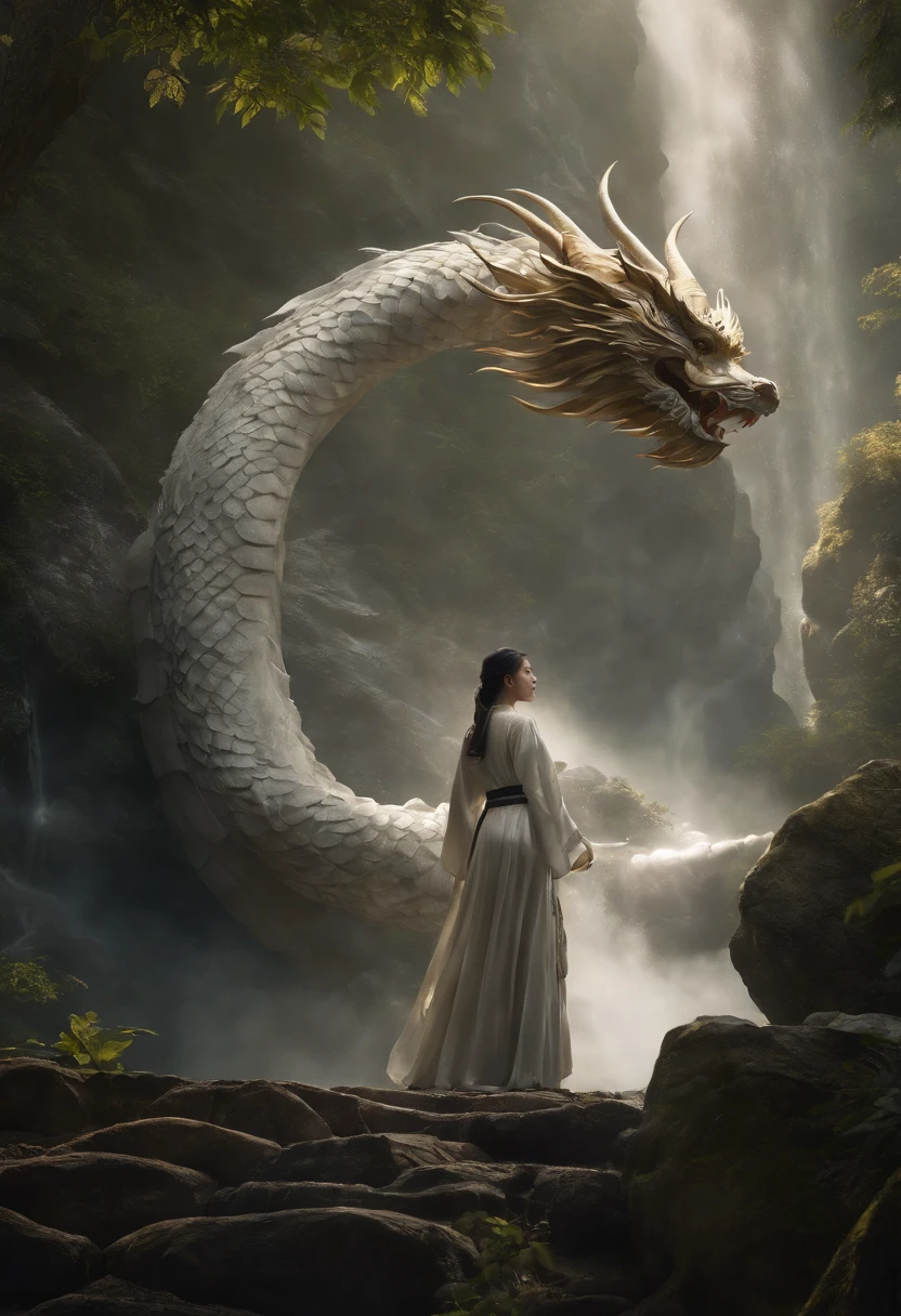 Asian-style white dragon flying around a mysterious waterfall、The white dragon's body is long and undulating like a large snake, and a jewel is held in his right hand.、He roars with magnificent horns and a beard on his head.、Cat-eared girl who challenges the white dragon、[Object Object], (detailed facial features:1.3), (Raw photo, 16 K, masutepiece, Best Quality: 1.2), (ultra-realism, Ultra-dense and complex realism: 1.3), (Wide depth of field, Radiation Mapping, Ray tracing, god rays: 1.2), High dynamic range, Vivid, Rich details, Clear shadows and highlights, Realistic, Formidable, Increased contrast, Cat-eared girl in Japanese clothes fighting a white dragon in a mysterious waterfall、
