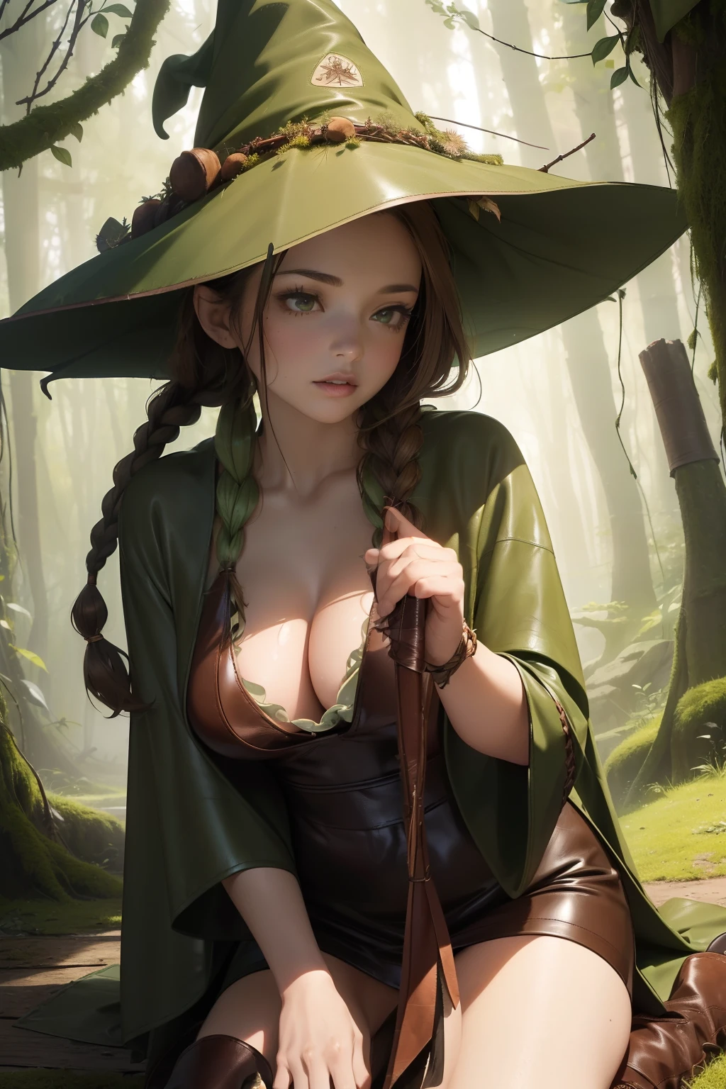 ((masterpiece, best quality, ultra-detailed, ultra-HD, photorealistic, cinematic)), (close-up camera shot:1.2), (sensual pose), (alluring and voluptuous female witch), perfect ???????, perfect face, large cleavage, proportioned hands, (wild, long, and chestnut brown hair with braids and woodland flowers woven through:1.3), (an earth-toned, mossy green witch robe with leaves and twigs:1.4), (a mossy green pointed witch hat), (wears sturdy leather witch boots :1.5), (dynamic background)