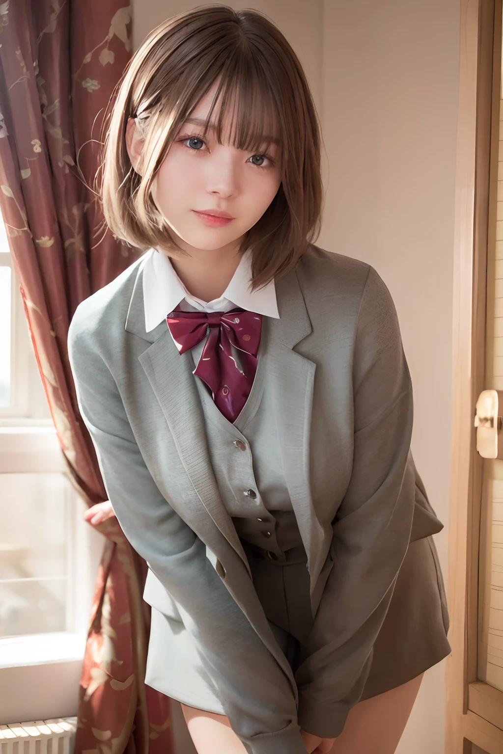 (RAW photos, highest quality), (Realistic, Photorealistic: 1.3), masterpiece, very delicate and beautiful, very elaborate, CG, Unity, 2K wallpapers, wonderful, fine, bright smile, very elaborate CG Unity 8K wallpapers, huge file size, ultra high definition, high resolution, absurdity, soft light, ((Short hair: 1.3), short bang, Silver hair, floating hair novafrog style), beautiful girl in detail, fine fingers, very fine eyes and face, beautiful nose in detail, beautiful eyes in detail, long eyelashes, shining light on face, looking at the viewer, (with mouth closed: 1.2) 1 girl, cute, young, mature face, (full body: 1.3) realistic face, realistic body, slender beautiful thighs, ( ulzzang-6500-v1. 1:0.8) Business suits, cross lace clothes, collared shirts, open clothes, office, open cardigan, black thighs,