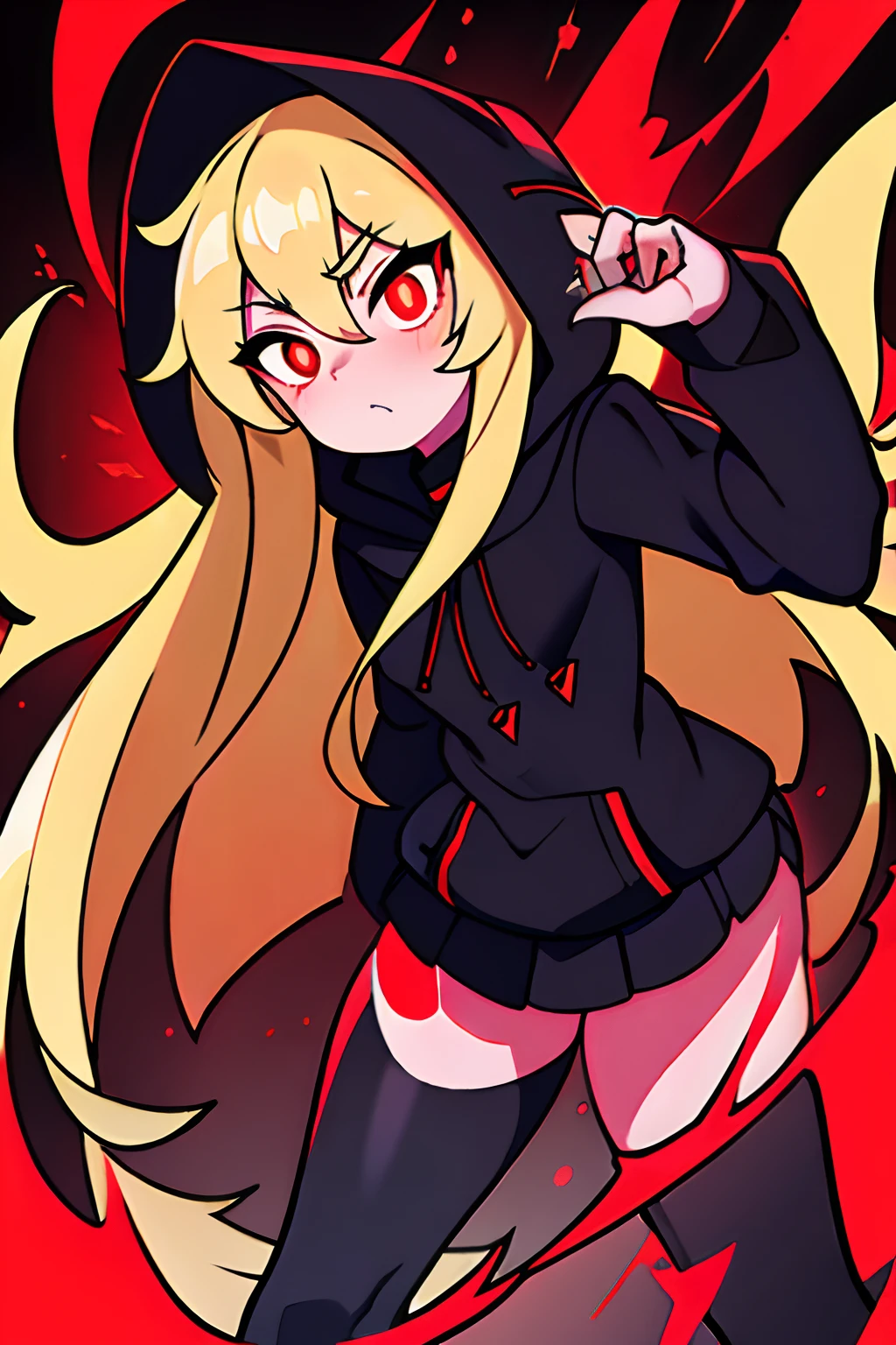 (masterpiece), best quality, expressive eyes, perfect face, schoolgirl, small shorts, sleek legs, black hoodie, hood over head, hood raised, long blonde hair, glowing eyes, red eyes, side glance, hands in pockets, shy, gothic sweater, goth, demonic girl, demon-like features