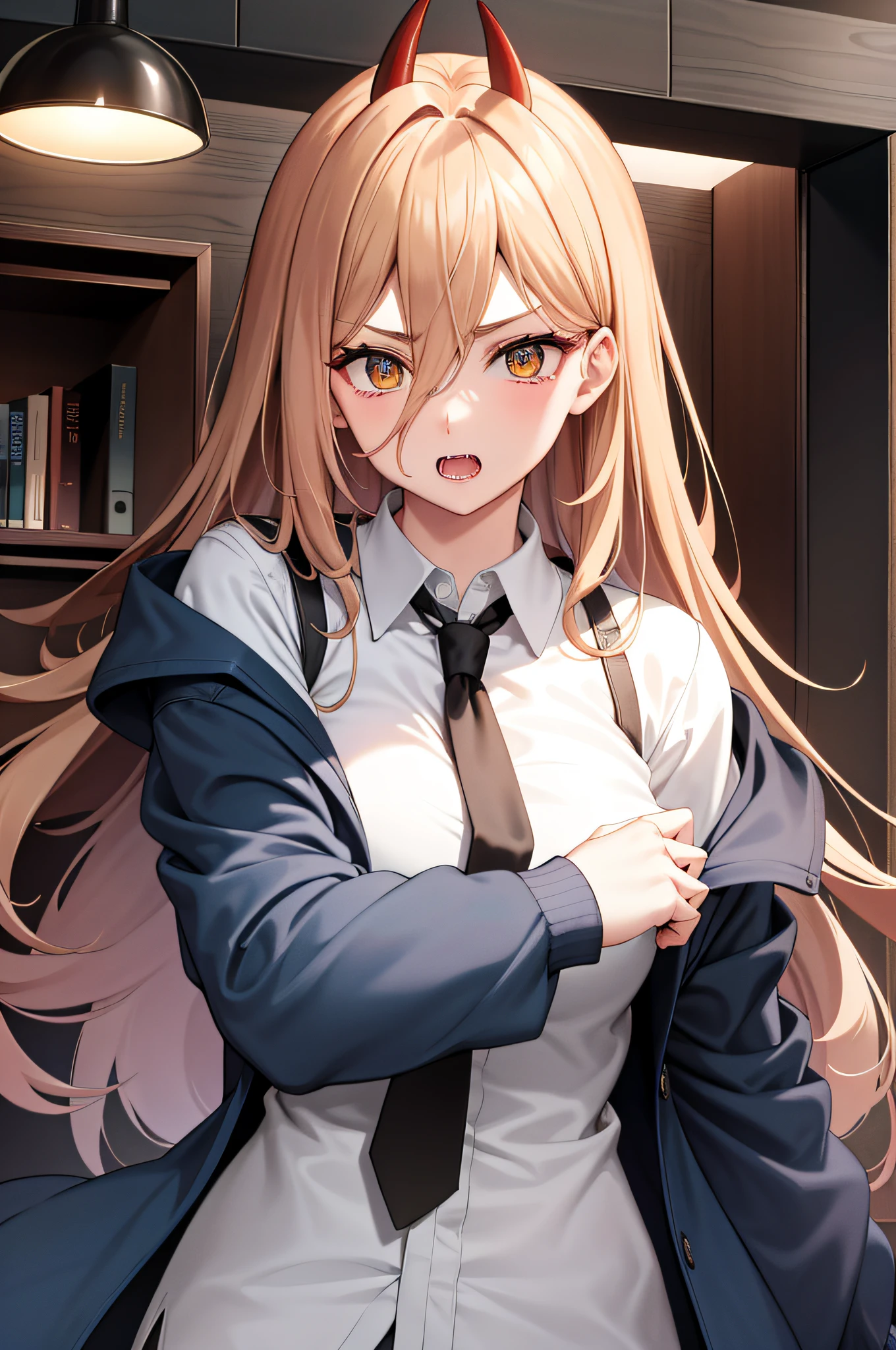 1girl, power \(csm\) , long hair, blonde hair, (red horns:1.1), (cross-shaped pupils:1.3), symbol-shapedpupils, yellow eyes, sharp teeth,
BREAK white shirt, collared shirt, black pants, black necktie, (blue jacket:1.2),
BREAK looking at viewer,
BREAK indoors, office,
BREAK (masterpiece:1.2), best quality, high resolution, unity 8k wallpaper, (illustration:0.8), (beautiful detailed eyes:1.6), extremely detailed face, perfect lighting, extremely detailed CG, (perfect hands, perfect anatomy),