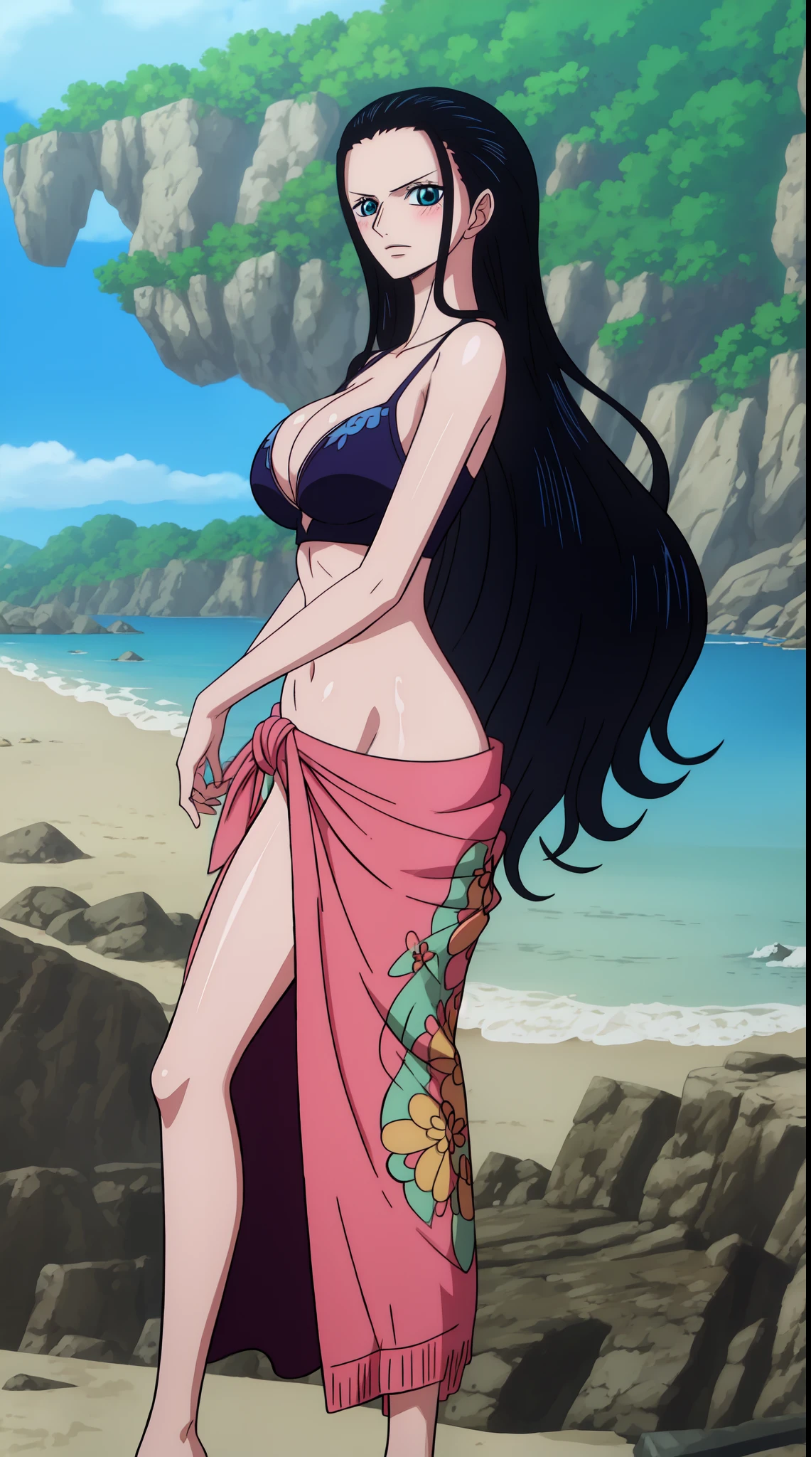 Nico Robin from one piece, black long hair, blue eyes, dark wide pupils, blushing, big breasts, side boobs, wearing bikini, standing in the beach , side view,