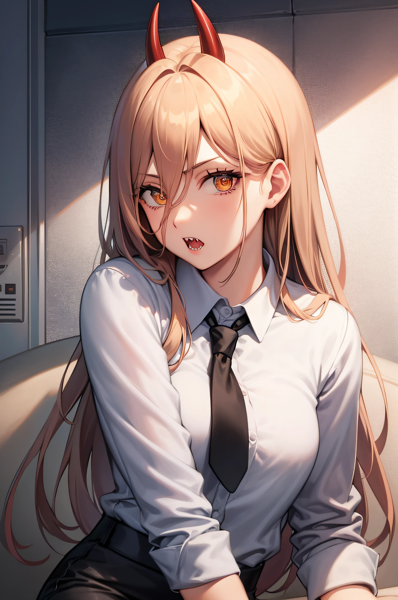 1girl, PowerV2, long hair, blonde hair, (red horns:1.1), (cross-shaped pupils:1.3), symbol-shapedpupils, yellow eyes, sharp teeth, 
BREAK white shirt, collared shirt, black pants, black necktie, (blue parker:1.2),
BREAK looking at viewer,
BREAK indoors, office, 
BREAK (masterpiece:1.2), best quality, high resolution, unity 8k wallpaper, (illustration:0.8), (beautiful detailed eyes:1.6), extremely detailed face, perfect lighting, extremely detailed CG, (perfect hands, perfect anatomy),