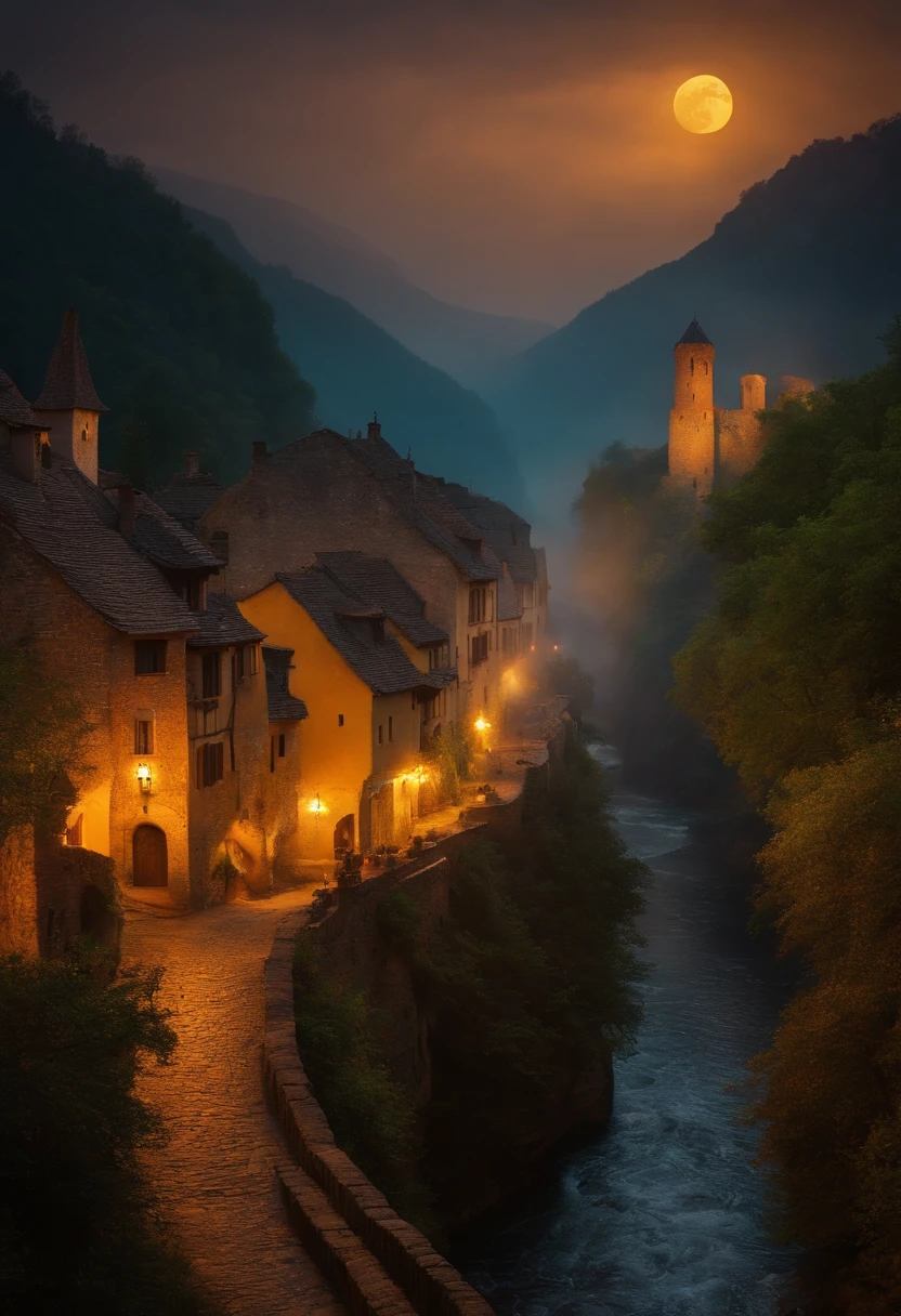 Middle Ages Style Village Worn Stone Streets With People Bars On The Edge Of A Ravine With Transparent Water Waterfall And Castle And Birds And Dragons Spitting Mysterious Catholic Fire In Yellow Moonlight And Soft Fog