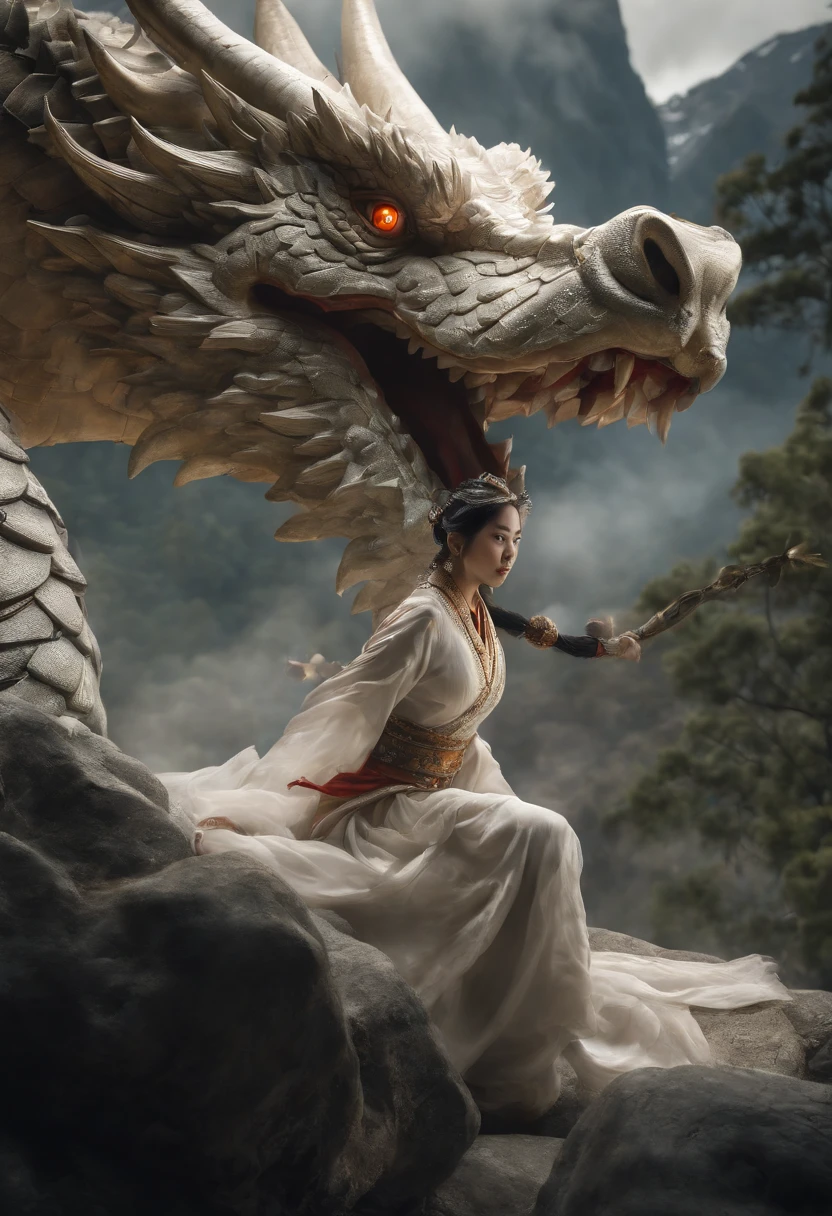 A woman in a white dress sitting on a rock next to a dragon - SeaArt AI