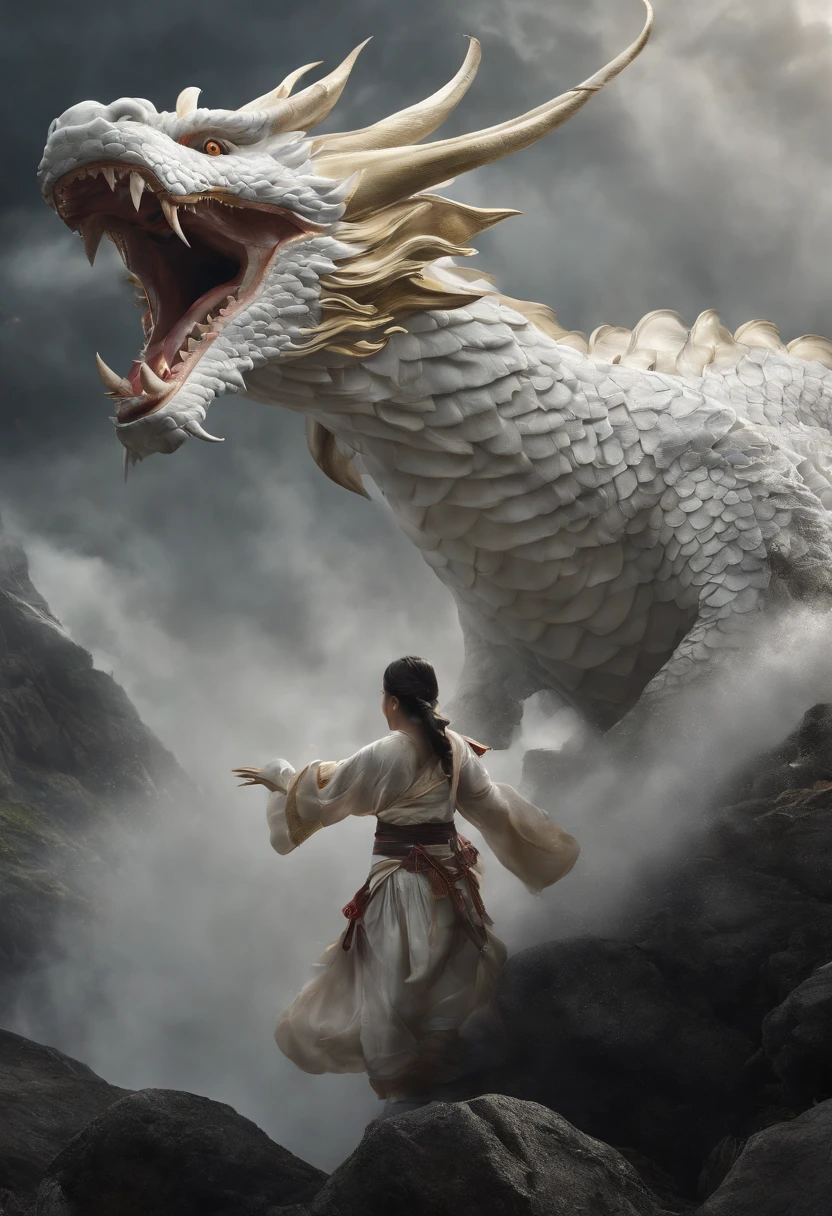 Asian-style white dragon flying around a mysterious waterfall、The white dragon's body is long and undulating like a large snake, and a jewel is held in his right hand.、He roars with magnificent horns and a beard on his head.、Cat-eared girl who challenges the white dragon、[Object Object], (detailed facial features:1.3), (Raw photo, 16 K, masutepiece, Best Quality: 1.2), (ultra-realism, Ultra-dense and complex realism: 1.3), (Wide depth of field, Radiation Mapping, Ray tracing, god rays: 1.2), High dynamic range, Vivid, Rich details, Clear shadows and highlights, Realistic, Formidable, Increased contrast, Cat-eared girl in Japanese clothes fighting a white dragon in a mysterious waterfall、