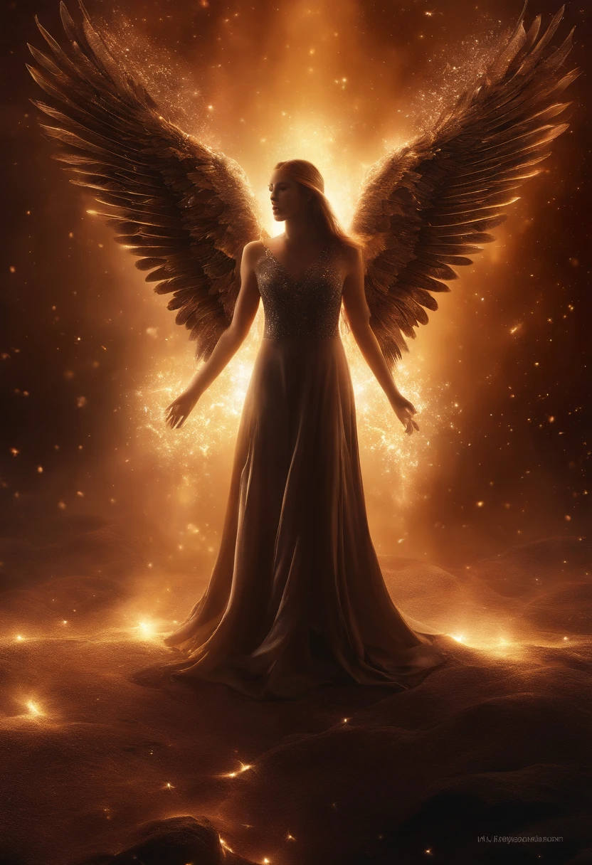 (best quality,4k,8k,highres,masterpiece:1.2),ultra-detailed,(realistic,photorealistic,photo-realistic:1.37),Cosmic Fallen Angel,black wings,Ebony skin,glowing light eyes,Biomechanical,eerie,Creepy,nightmarish,Very bright colors,Light particles,with light glowing,Mshiv,wallpaper art,UHD wallpaper