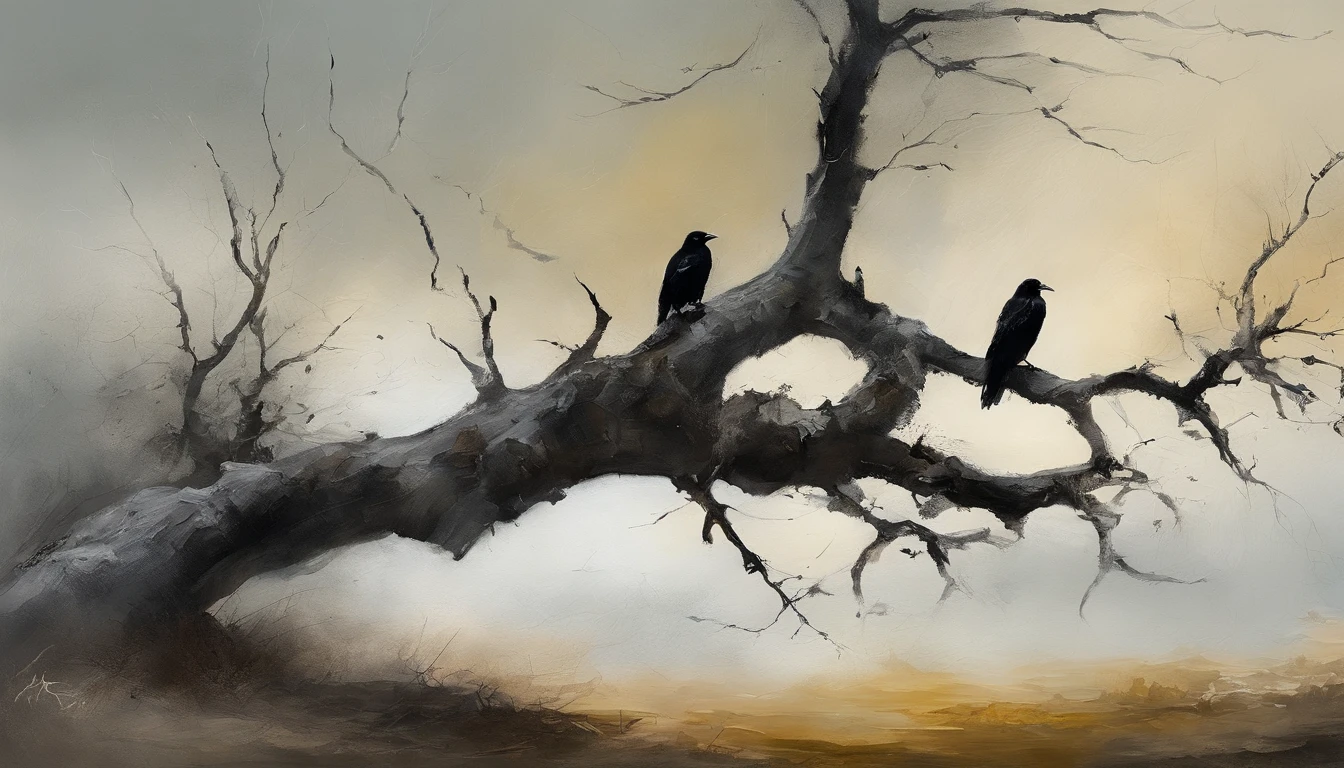 Two crows in a dead tree, Uma sombra em Forma de andador, Noite estrelada, Thick fog on the ground, Luz azul no horizonte, Motor Unreal 5, cinemactic, Low-angle photography, motion blur, proFundidade de campo, dust, Cobblestones and dirt. arte splash, pingando tinta. Perfect color classification. inFluenciado por karel Appel e jeremy mann, Full of dramatic and threatening scenes, hiper-detalhado, Beautiful, detalhes insanos, detalhes intrincados, FotograFia Editorial, FotograFado com uma lente de 50mm, proFundidade de campo, Tilt Blur, Velocidade do obturador 1/1000, F/22. Mapas de luz, super brilhante
