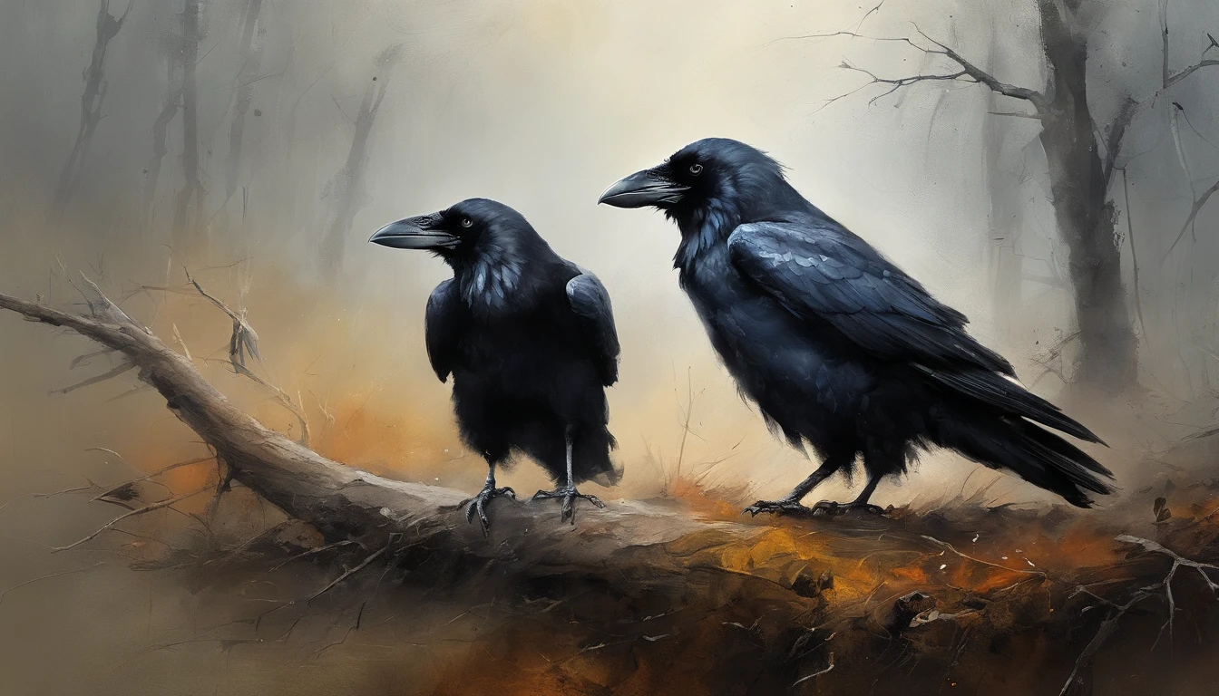 Two crows in a dead tree, Uma sombra em Forma de andador, Noite estrelada, Thick fog on the ground, Luz azul no horizonte, Motor Unreal 5, cinemactic, Low-angle photography, motion blur, proFundidade de campo, dust, Cobblestones and dirt. arte splash, pingando tinta. Perfect color classification. inFluenciado por karel Appel e jeremy mann, Full of dramatic and threatening scenes, hiper-detalhado, Beautiful, detalhes insanos, detalhes intrincados, FotograFia Editorial, FotograFado com uma lente de 50mm, proFundidade de campo, Tilt Blur, Velocidade do obturador 1/1000, F/22. Mapas de luz, super brilhante