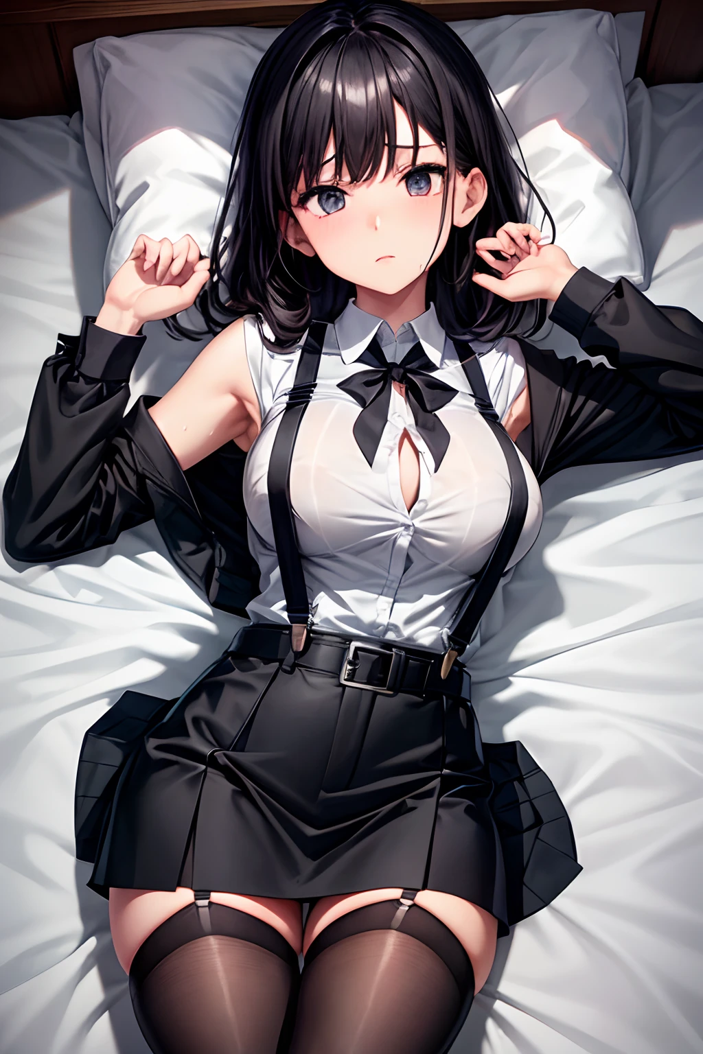 Suit,Collared shirt,Belt bag,Suspenders Black Miniskirt garterbelts knee high Stockings Black Niso Colorcon armpit sweat perspiring Side of both hands,Black jacket,Gaze,ample bosom,Armpit sweat,Exposing the armpits"Tight clothes、Raise your hands、wristbands Lying in bed Behind the back