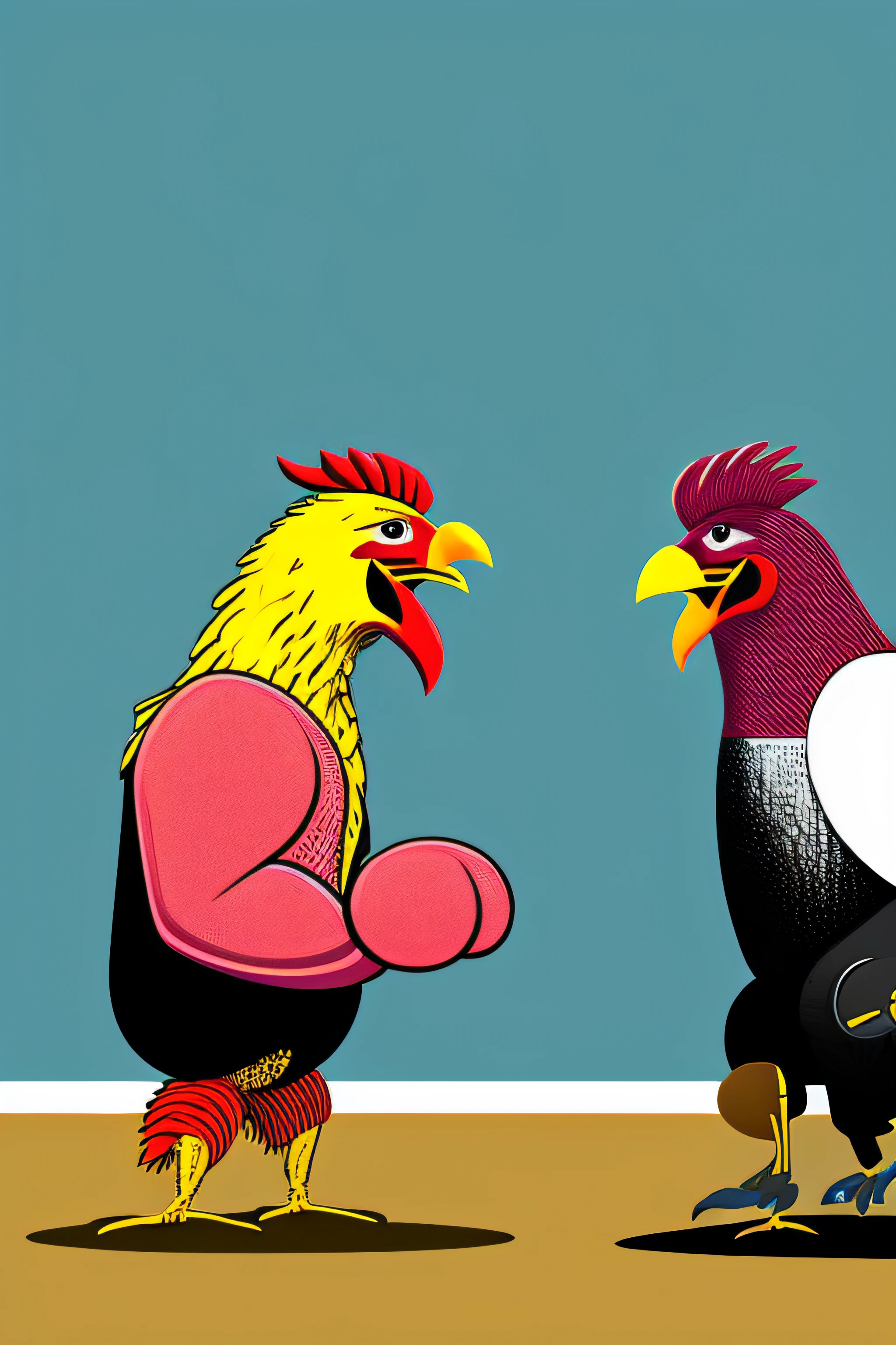 illustrated two muscle chicken with boxe gloves in a position of fight one in front of the other with side view