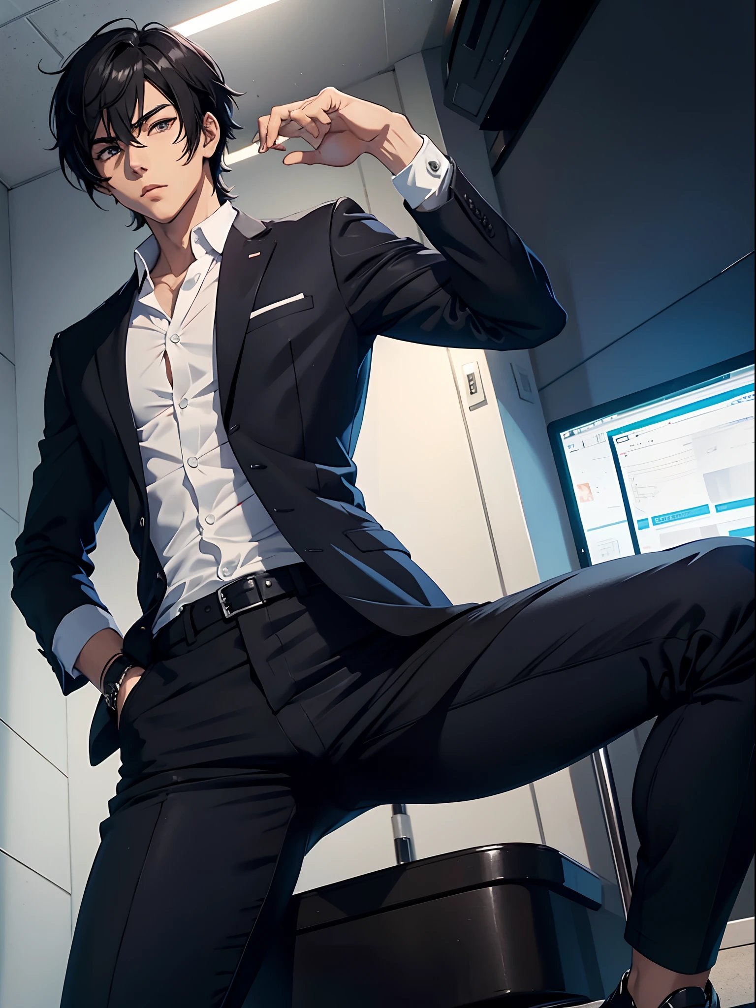 anime handsome man, black hair, tight office pants