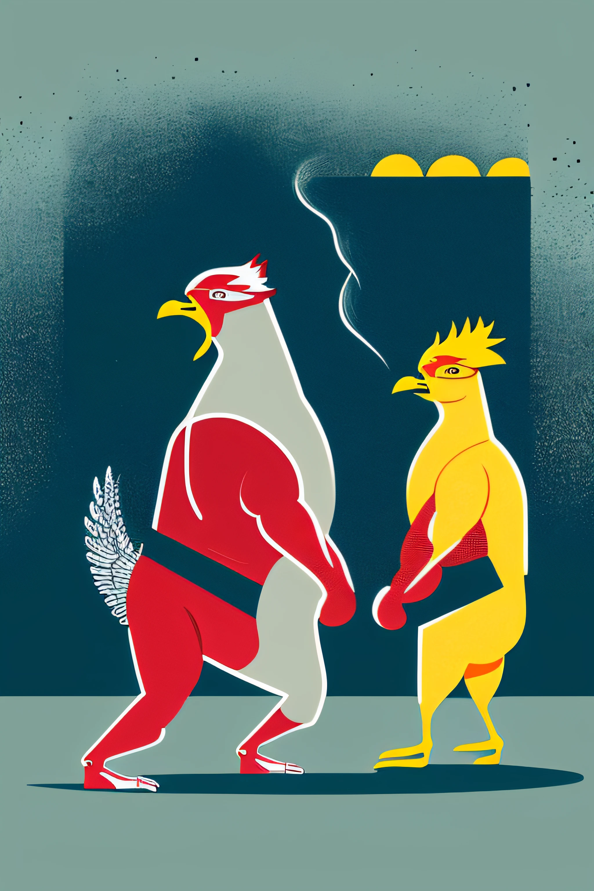 illustrated two muscle chicken with boxe gloves in a position of fight one in front of the other with side view
