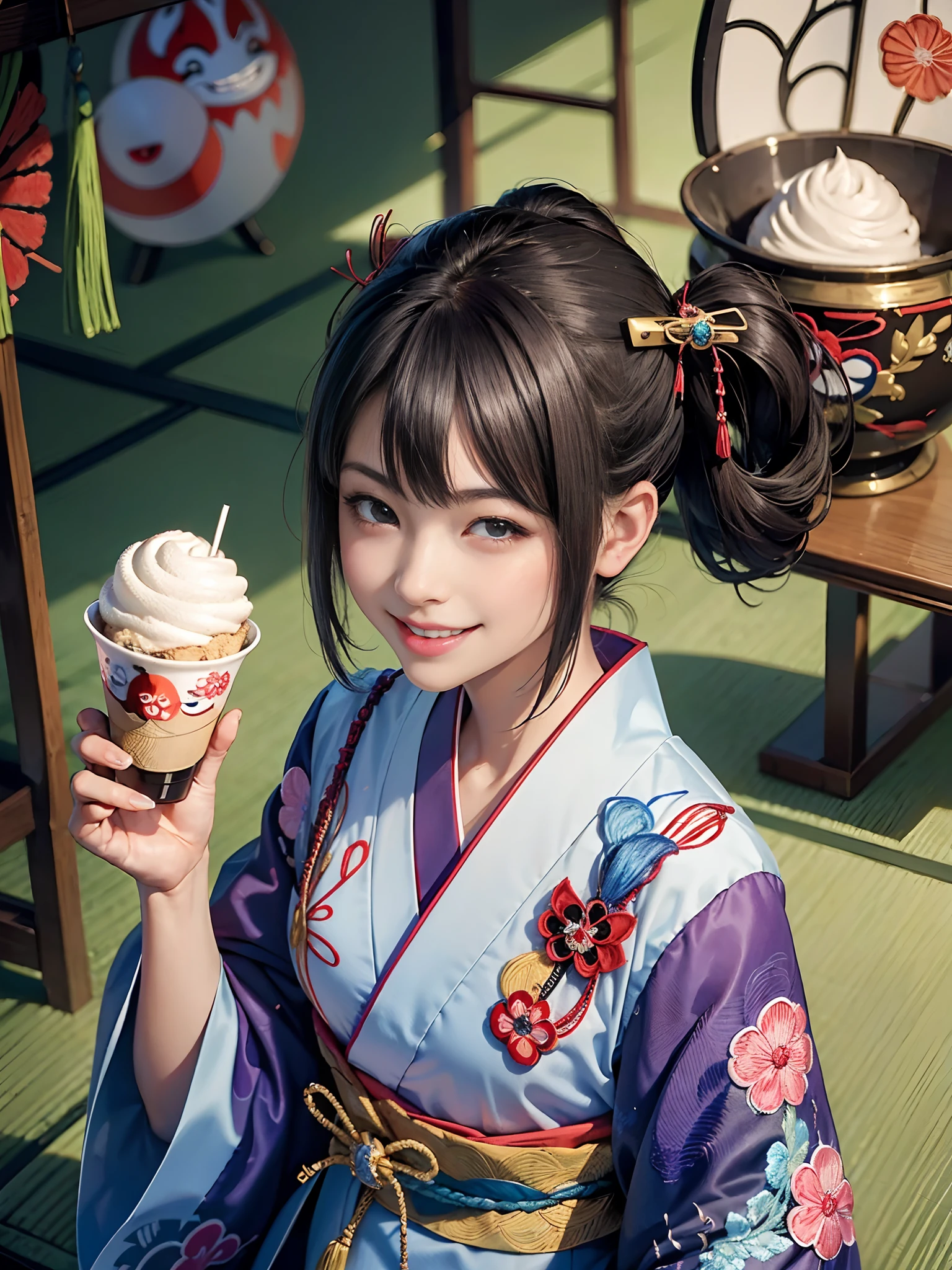 (rokoko:1.5),Background of details(Standing on a chair),BREAK ,elaborate costume(Luxury kimono(Colorful kimono(detailed embroidery(Yokai embroidery)))),BREAK,(1 Beautiful and classy adult woman(A very happy smile:1.5)(Japanese actressl:1.2)(glossy dark hair(poneyTail:1.2))),(eye glass(four corners:1.2)),(Have a soft-serve ice cream),BREAK,Wallpapers 16K,Blur the background,(masutepiece:1.5),(Best Quality:1.5),(Portrait photos:1.5),From above