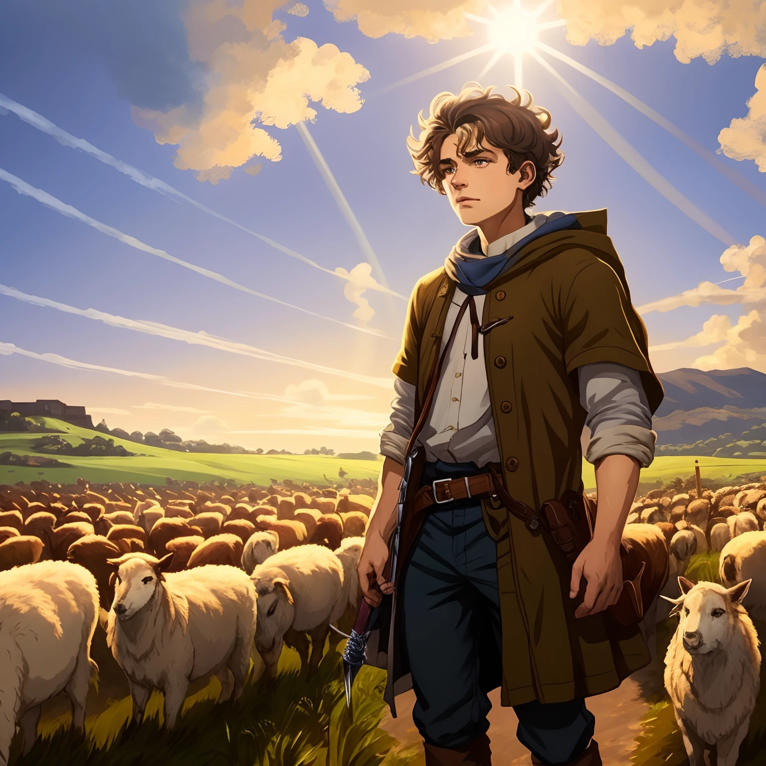 imagem de um homem parado em frente a um rebanho de ovelhas, cartunizado em preto e branco para colorir, Do arcano da Netflix, Android Jones e RHADS, Arcane, Netflix, caleb from critical role, standing in the plains of rohan, WLOP e RHADS, inspirado em Johannes Helgeson, arte chave, arte do personagem charlie bowater, Arquivo Stormlight