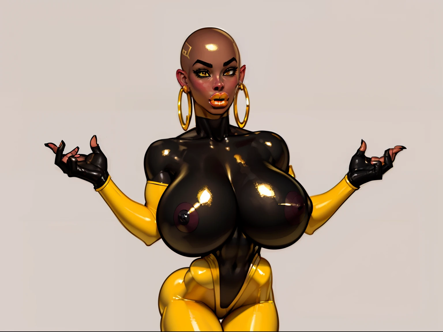 ((masterpiece)),(((best quality))),((character sheet)), ((full body view)) ((black woman)) ((skinhead:1.4)) ((confident pose)) mature face, defined cheekbones, high cheekbones, illustration, girl, muscular, ((bald:1.4)), sexy bimbo, (gigantic breasts:1.7), ((detailed face:1.4)) beautiful woman, (yellow leotard:1.4), (gold hoop earrings:1.6), (thighhighs:1.4) (yellow lips:1.6) , shiny skin, scribbles and marks,(puffy lips:1.5) , rough sketches, 8k,16k, (simple background, white background: 1.3), black color palette, (black skin:1.5)