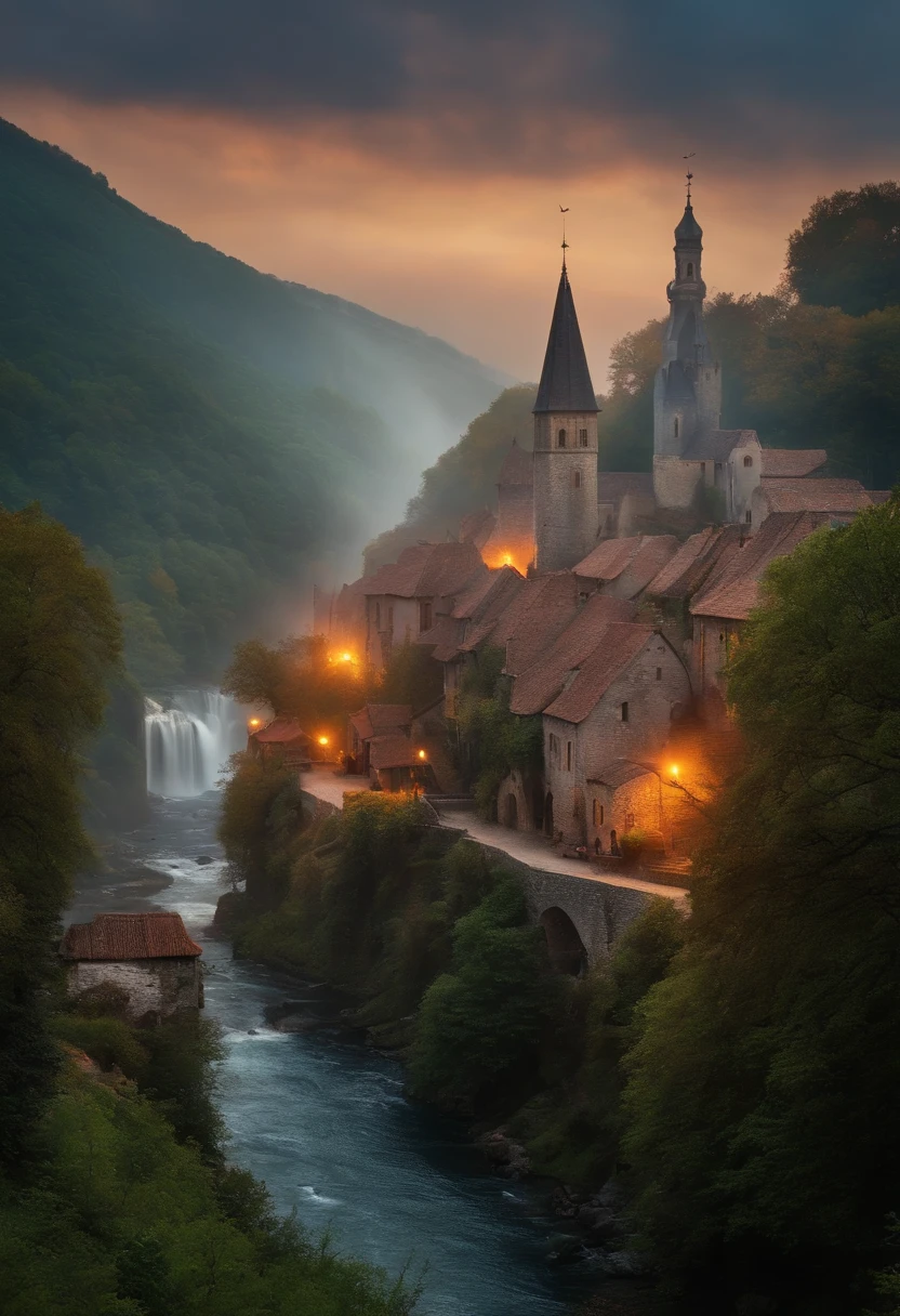 Middle age style village, worn stone streets with people, bars on the edge of a ravine with transparent water waterfall and castle and birds and dragons spitting mysterious catholic fire in the rising sun and soft fog