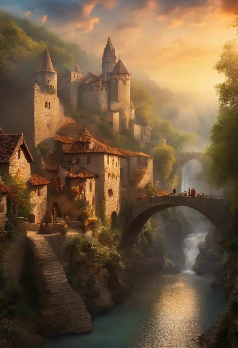 Middle age style village, worn stone streets with people, bars on the edge of a ravine with transparent water waterfall and castle and birds and dragons spitting mysterious catholic fire in the rising sun and soft fog