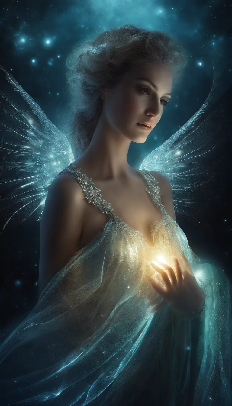 Angel of the universe, glowing light eyes, biomechanical, eery, creepy, nightmarish, Very bright colors, light Particle, with light glowing, Musif, Wallpaper Art, UHD Wallpapers、Highest Quality、with light glowing,glow effect、realisitic、Beautiful fece