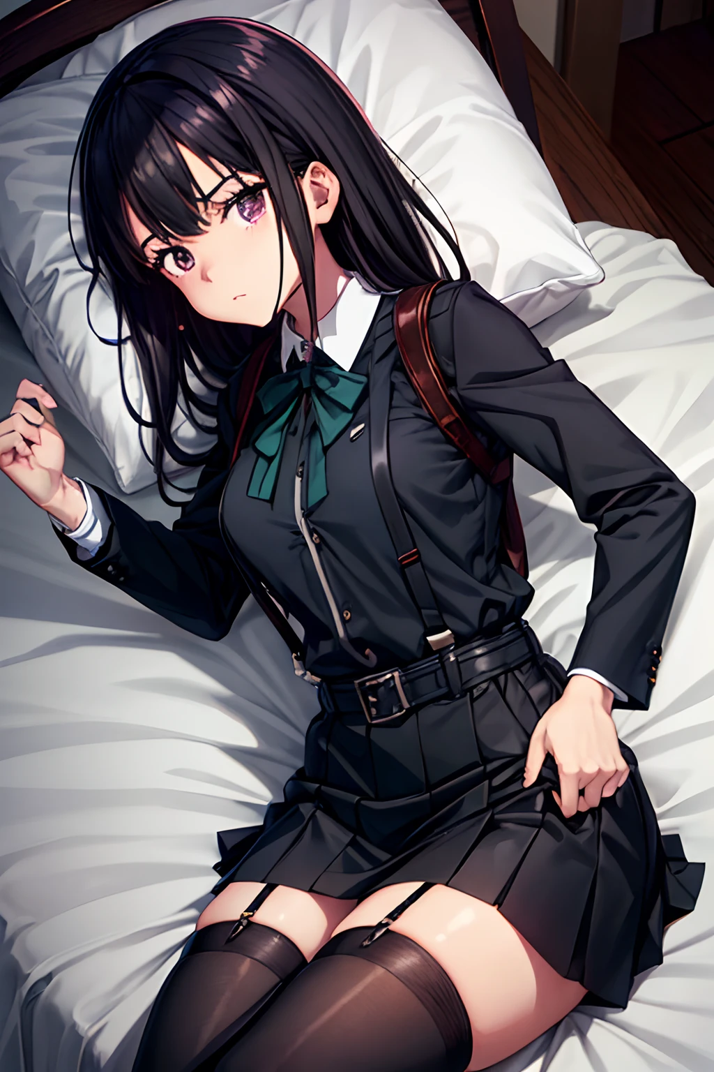 Suit,Collared shirt,Belt bag,Suspenders Black Miniskirt garterbelts knee high Stockings Black Niso Colorcon armpit sweat perspiring Side of both hands,Black jacket,Gaze,ample bosom,Armpit sweat,Exposing the armpits"Tight clothes、Raise your hands、wristbands Lying in bed Behind the back