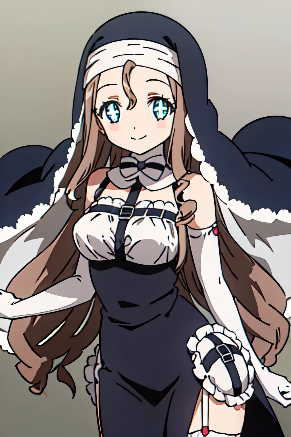 SISTERNANA, SYMBOL-SHAPED PUPILS, NUN, VEIL, BLACK DRESS, ELBOW GLOVES, WHITE THIGHHIGHS, 1girl, solo, facing viewer, looking at viewer, upper body, smile.