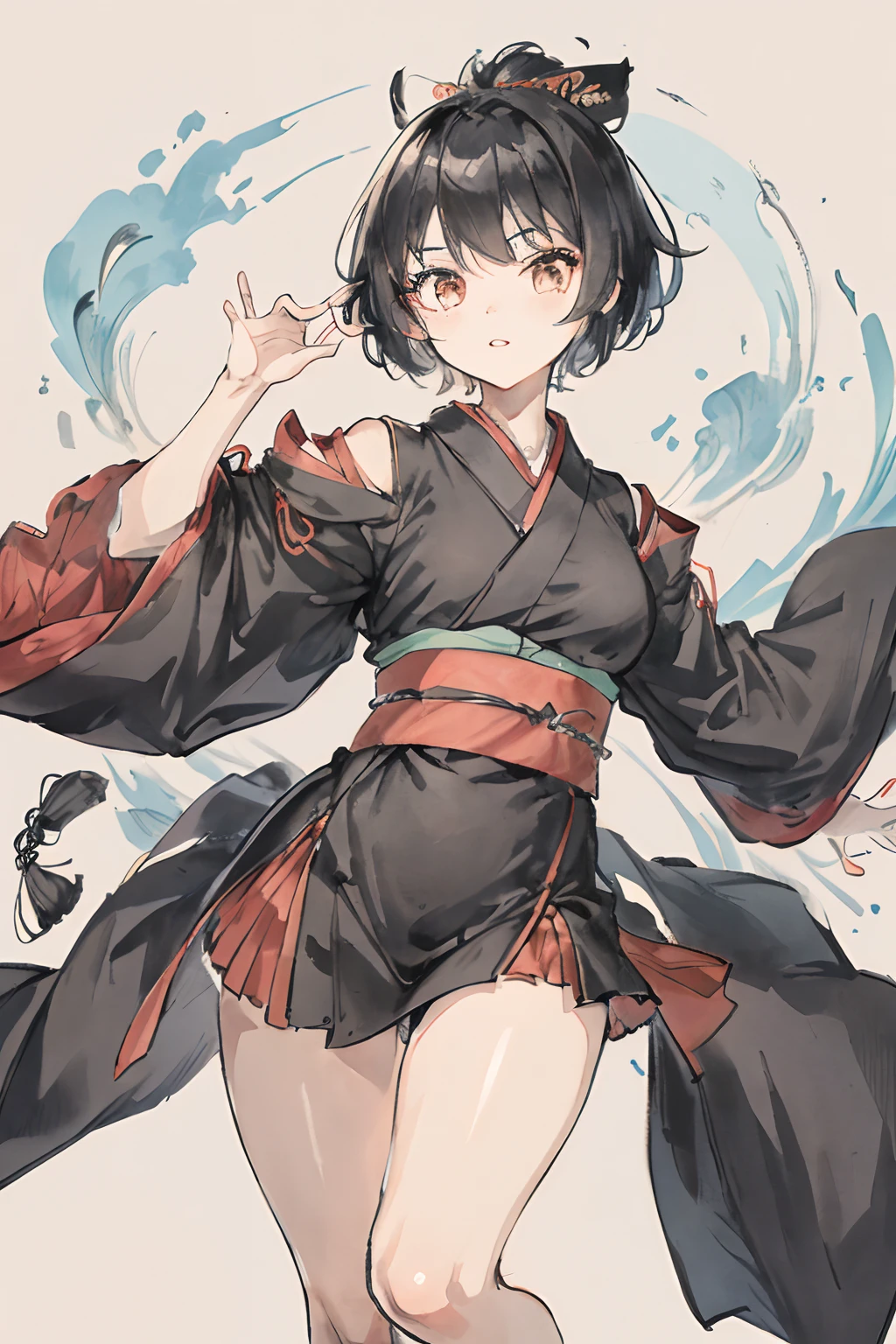 masutepiece, Best Quality, ultra - detailed, natta、 Black hair, 4K,1girll,独奏,Delicate face,Kimono、A black、Good youth、Combat readiness、Looking at the camera、Ready、Lively、180 cm、girl with、short-cut、Cute and cool、Long body、thighs thighs thighs thighs、tall、Short hair、short-hair、tall、tall、Laugh、