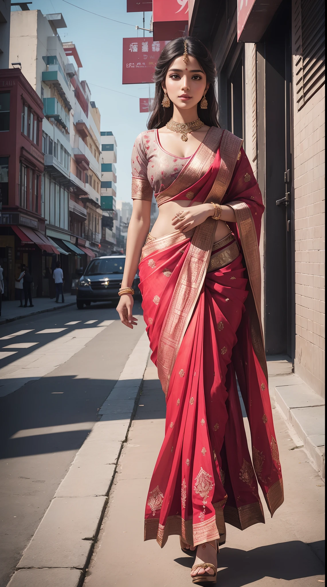 In a bustling metropolis, a beautiful young woman steps out onto the streets, adorned in a breathtakingly embroidered Indian saree and a stylishly matching blouse. The intricate details of the embroidery catch the sunlight, creating a mesmerizing display of colors and patterns. Her outfit is completed with a pair of fancy high heels that add an extra touch of elegance to her ensemble. As she confidently walks through the city, heads turn, and people can't help but be captivated by her stunning appearance. What adventures await her amidst the urban backdrop? How will her exquisite attire shape her experiences and interactions with others?