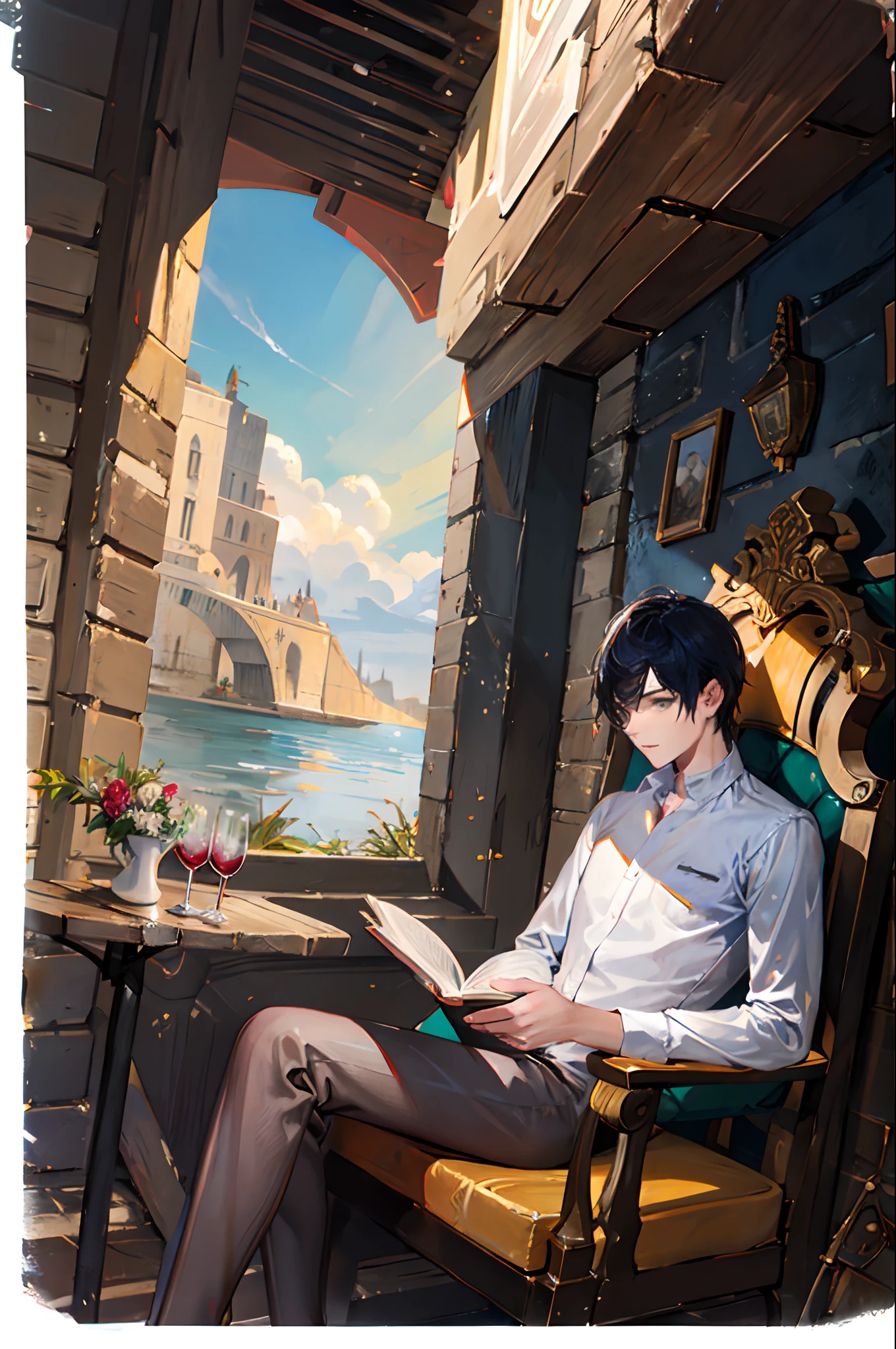 Joven sentado terraza a la orilla del mediterraneo leyendo a Marco Aurelio y bebiendo vino