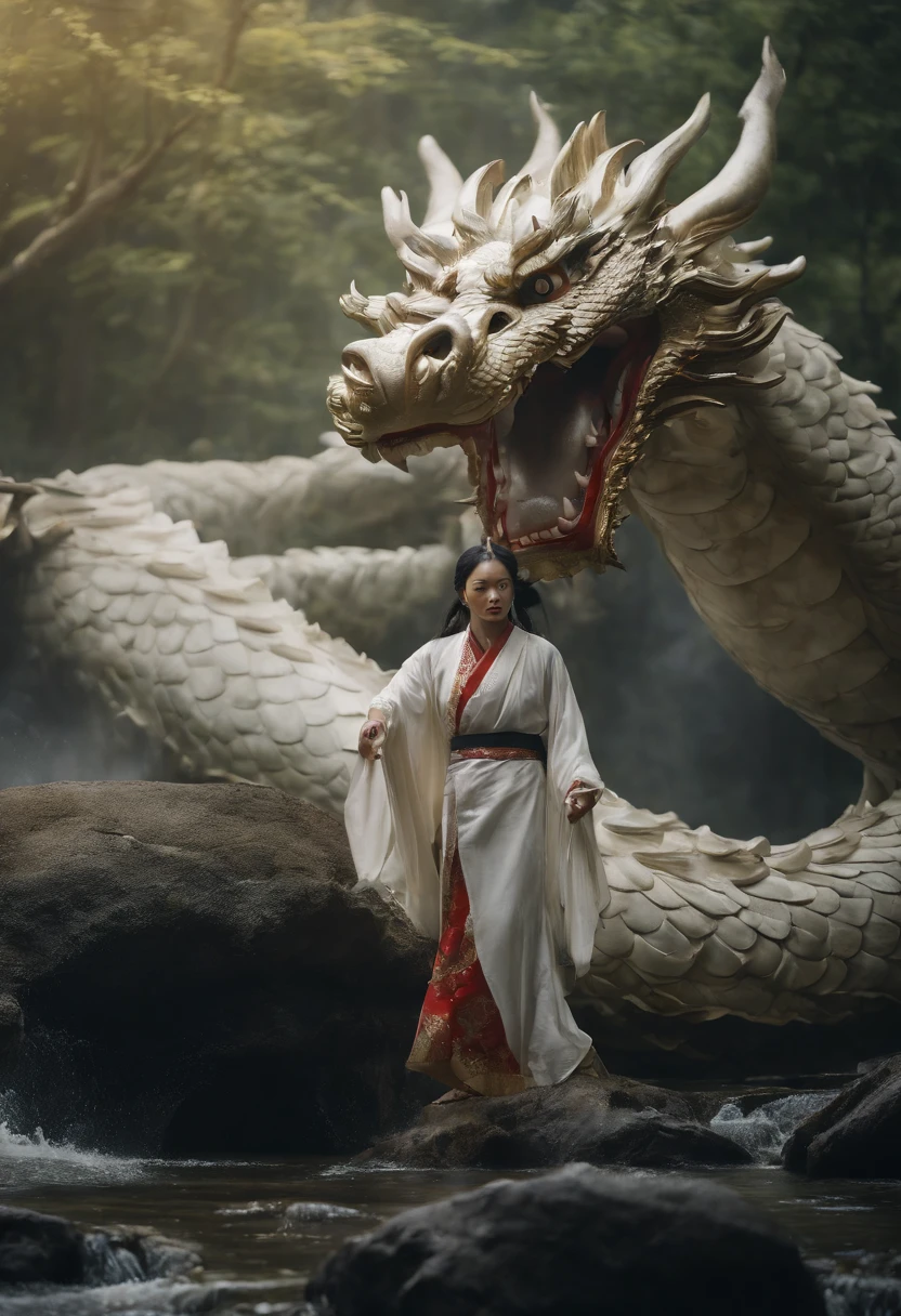 Asian-style white dragon flying around a mysterious waterfall、The white dragon's body is long and undulating like a large snake, and a jewel is held in his right hand.、He roars with magnificent horns and a beard on his head.、Cat-eared girl who challenges the white dragon、[Object Object], (detailed facial features:1.3), (Raw photo, 16 K, masutepiece, Best Quality: 1.2), (ultra-realism, Ultra-dense and complex realism: 1.3), (Wide depth of field, Radiation Mapping, Ray tracing, god rays: 1.2), High dynamic range, Vivid, Rich details, Clear shadows and highlights, Realistic, Formidable, Increased contrast, Cat-eared girl in Japanese clothes fighting a white dragon in a mysterious waterfall、